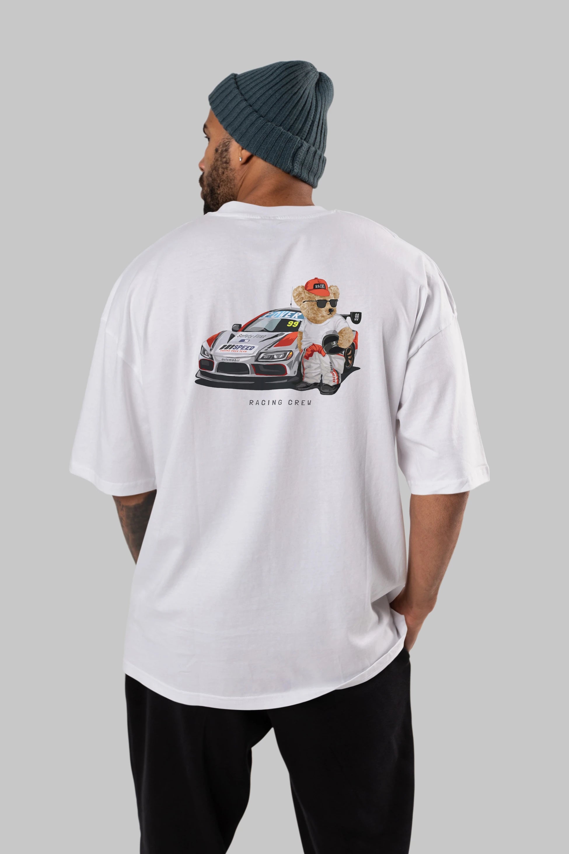 Teddy Bear Racing Crew Arka Baskılı Oversize t-shirt Erkek Kadın Unisex %100 Pamuk