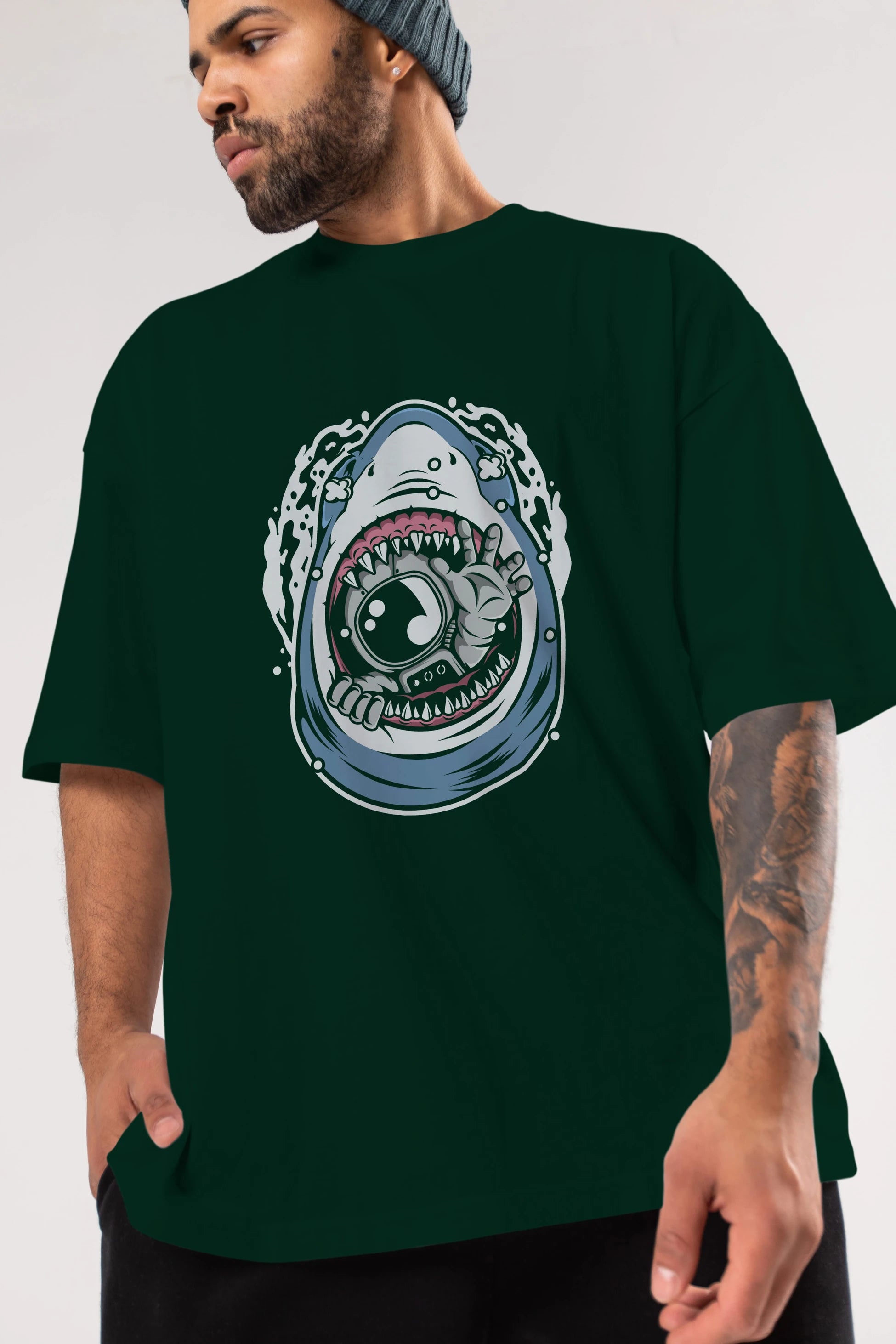 Astronaut Shark Ön Baskılı Oversize t-shirt Erkek Kadın Unisex