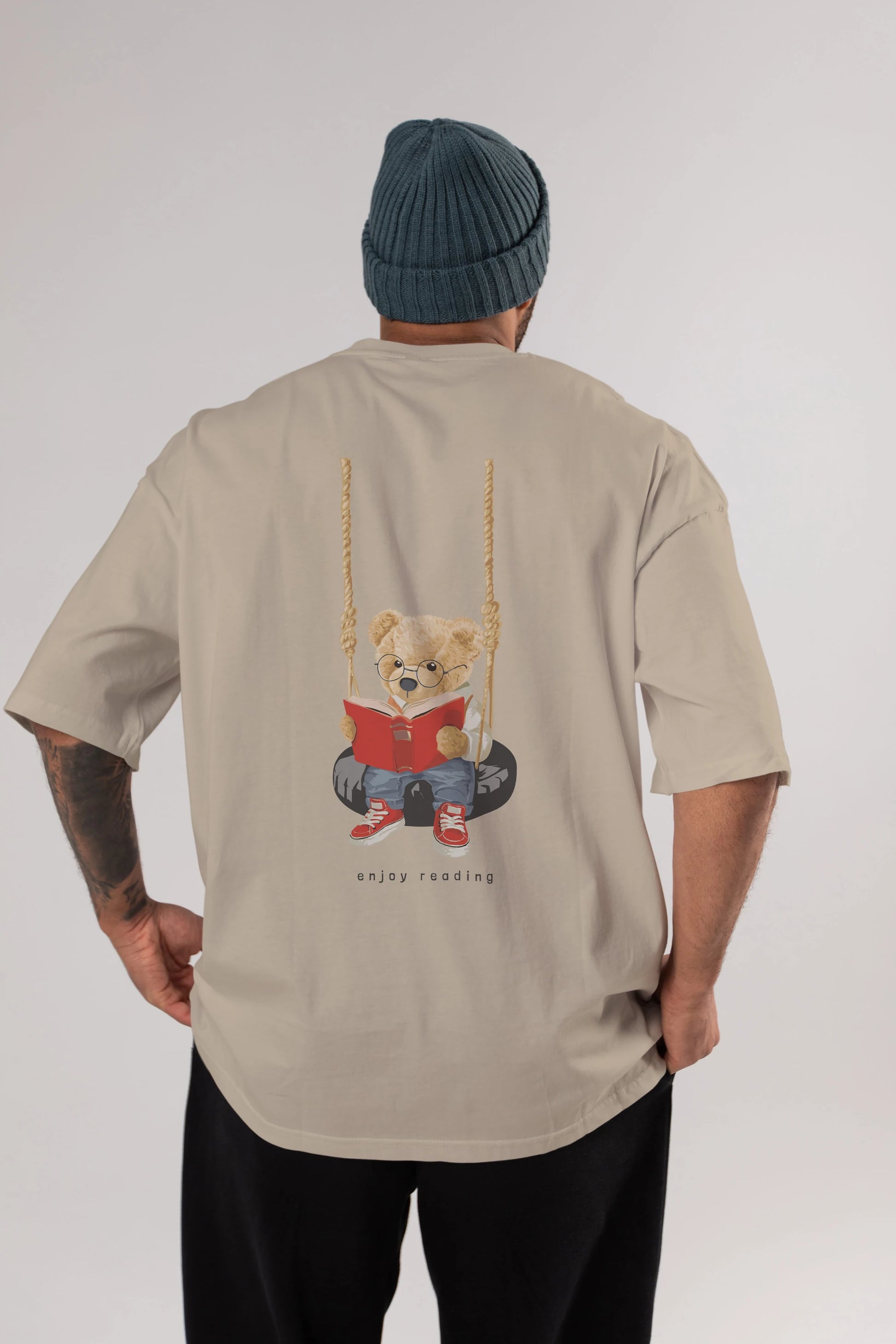 Teddy Bear Enjoy Reading Arka Baskılı Oversize t-shirt Erkek Kadın Unisex %100 Pamuk