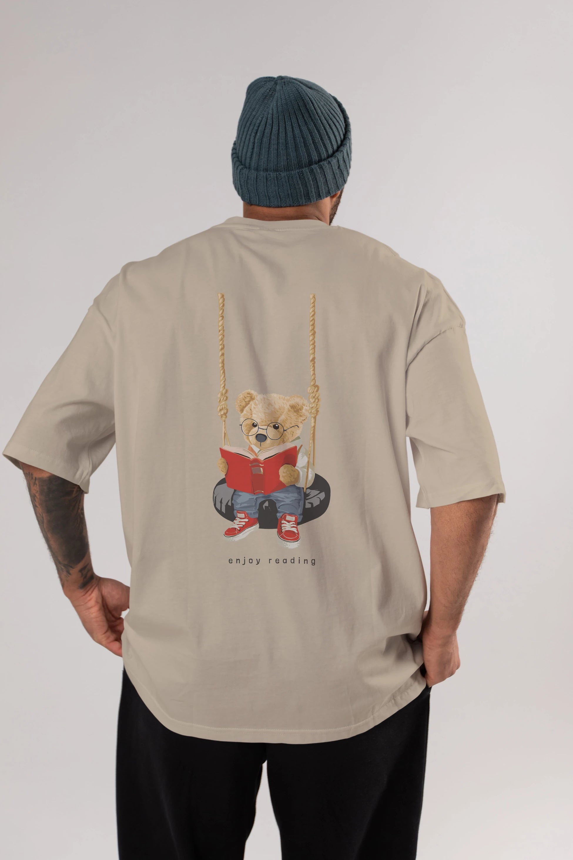 Teddy Bear Enjoy Reading Arka Baskılı Oversize t-shirt Erkek Kadın Unisex %100 Pamuk