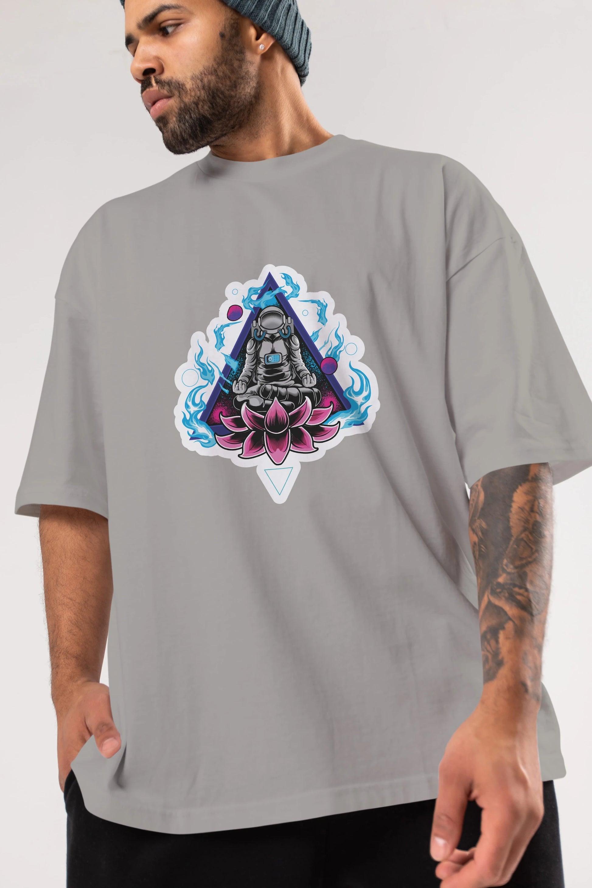 Astronaut Meditation Sticker Ön Baskılı Oversize t-shirt Erkek Kadın Unisex