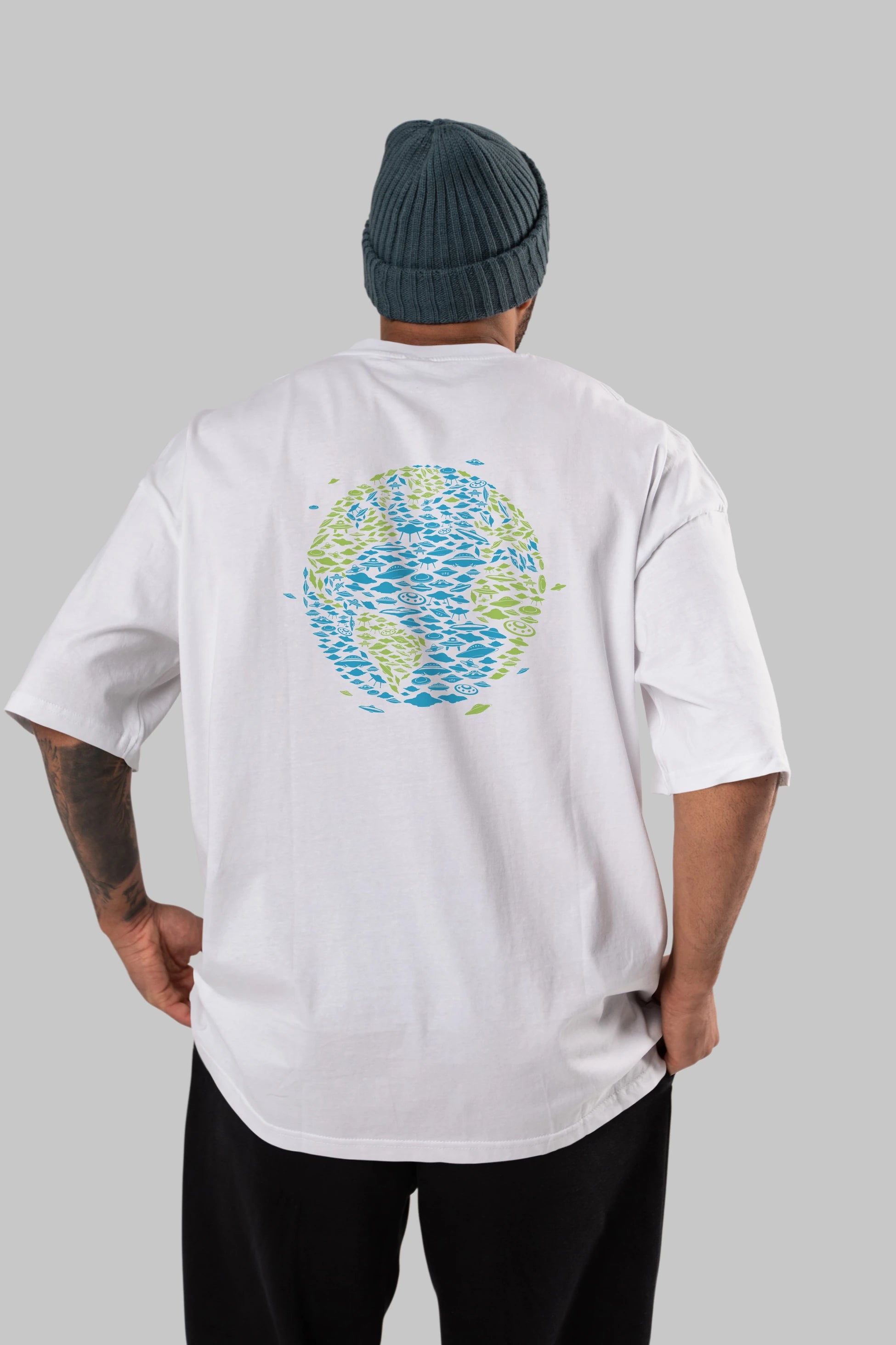 UFO Invasion Arka Baskılı Oversize t-shirt %100 pamuk Erkek Kadın Unisex