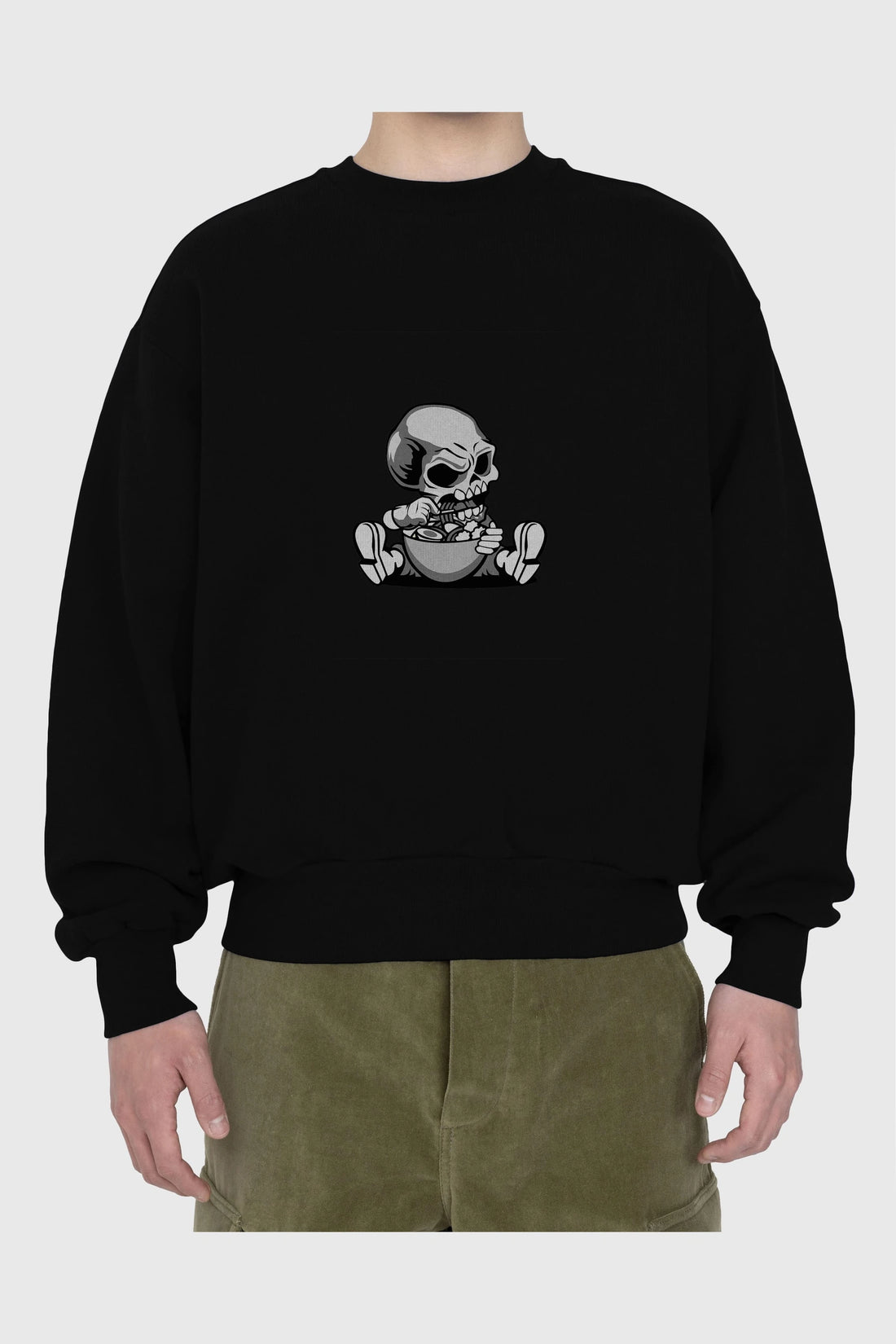 Skull Eat Ramen Ön Baskılı Oversize Sweatshirt Erkek Kadın Unisex