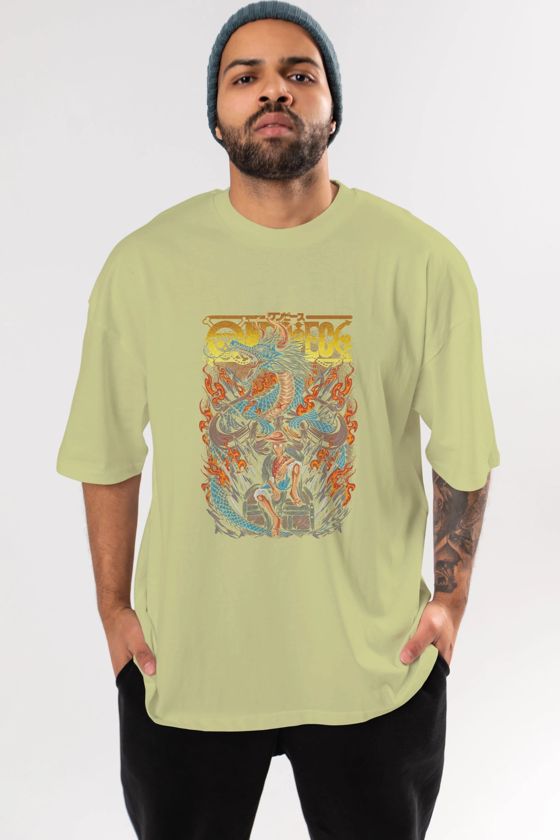 MONKEY D. LUFF-ONE PIECE Anime Ön Baskılı Oversize t-shirt %100 pamuk Erkek Kadın Unisex