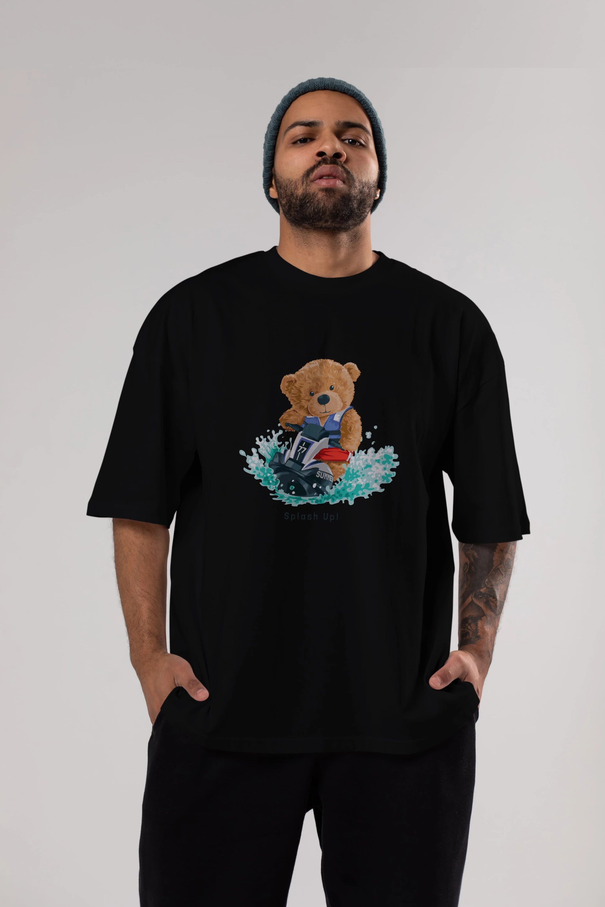 Teddy Bear Splash Up Ön Baskılı Oversize t-shirt Erkek Kadın Unisex %100 Pamuk