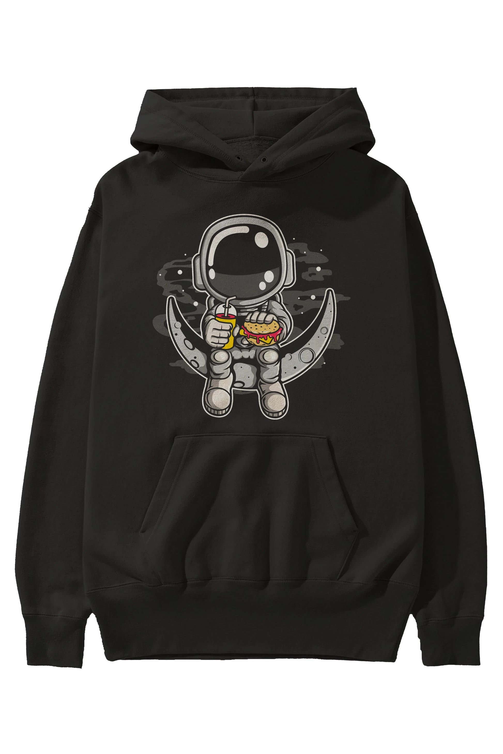 Astronaut Crescent Ön Baskılı Hoodie Oversize Kapüşonlu Sweatshirt Erkek Kadın Unisex