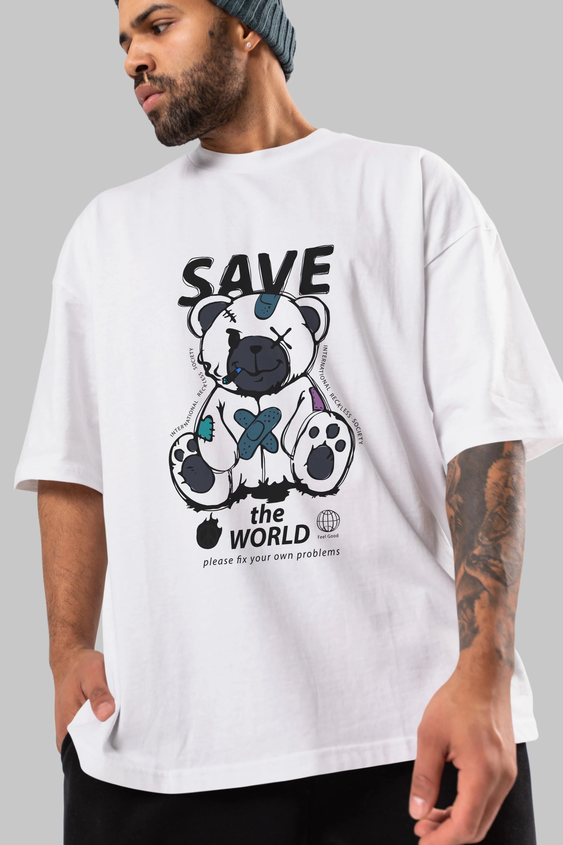Save the World Bear Ön Baskılı Oversize t-shirt Erkek Kadın Unisex