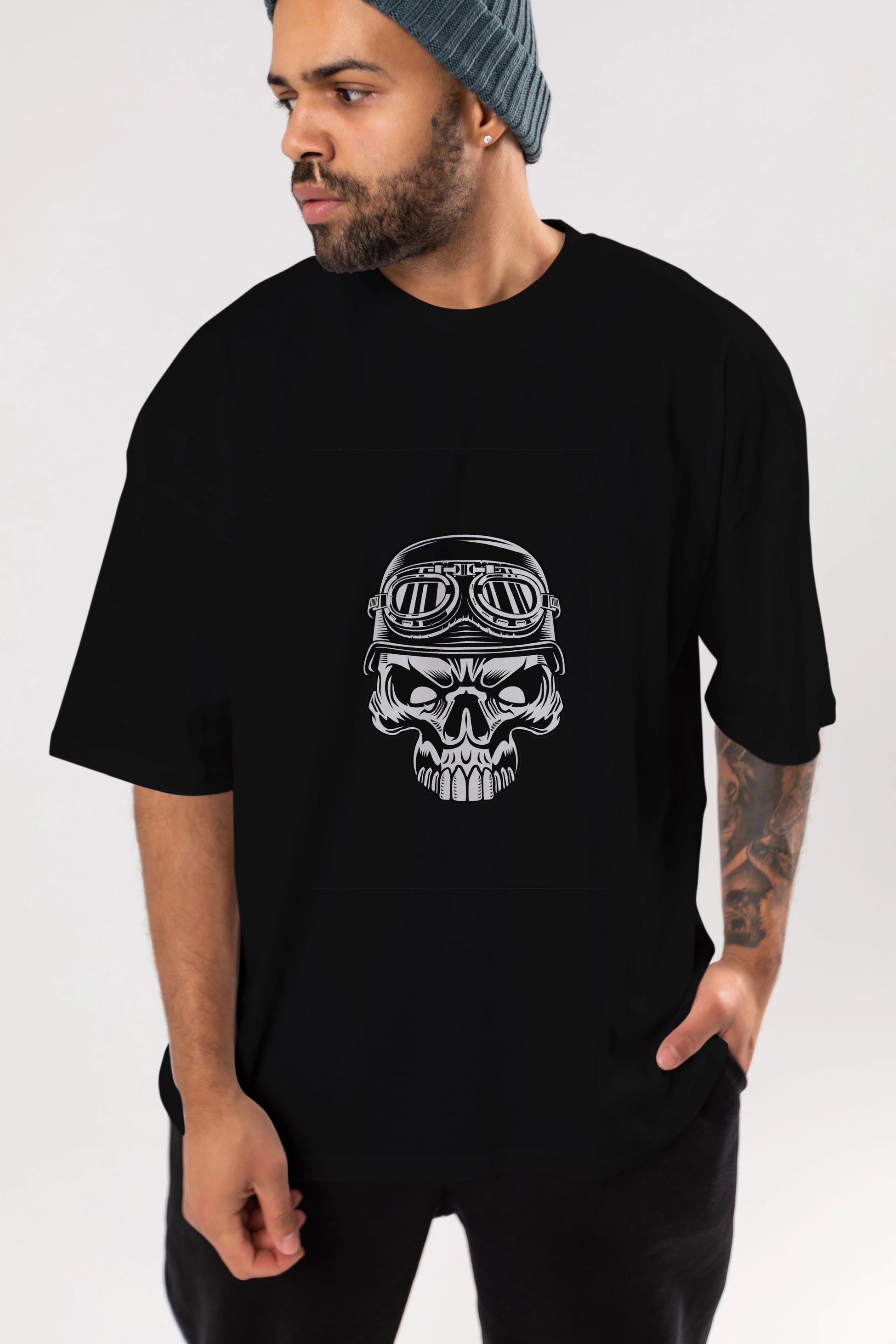 Biker Skull Helmet Ön Baskılı Oversize t-shirt Erkek Kadın Unisex %100 Pamuk tişort