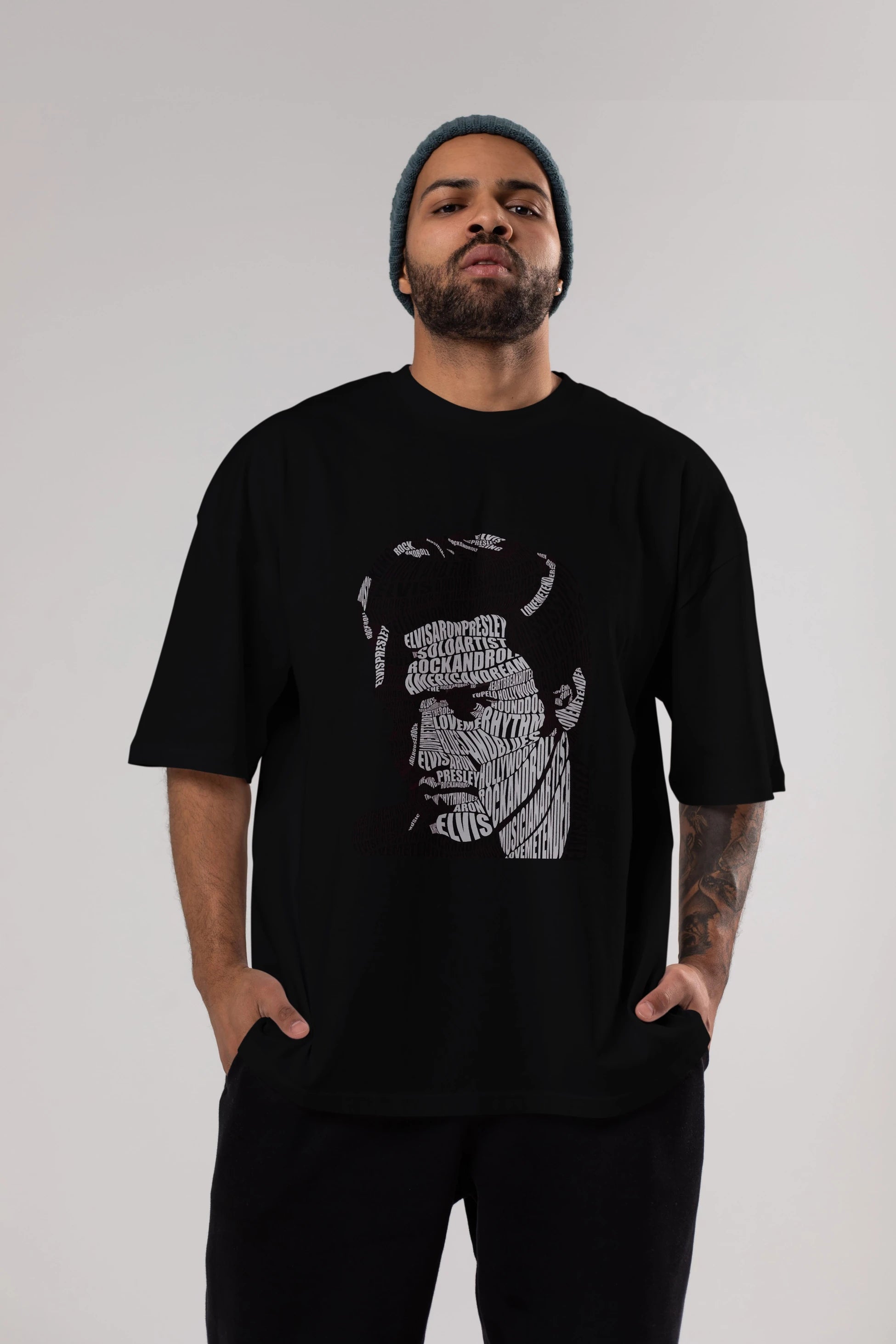 Elvis Presley Calligram Ön Baskılı Oversize t-shirt %100 pamuk Erkek Kadın Unisex