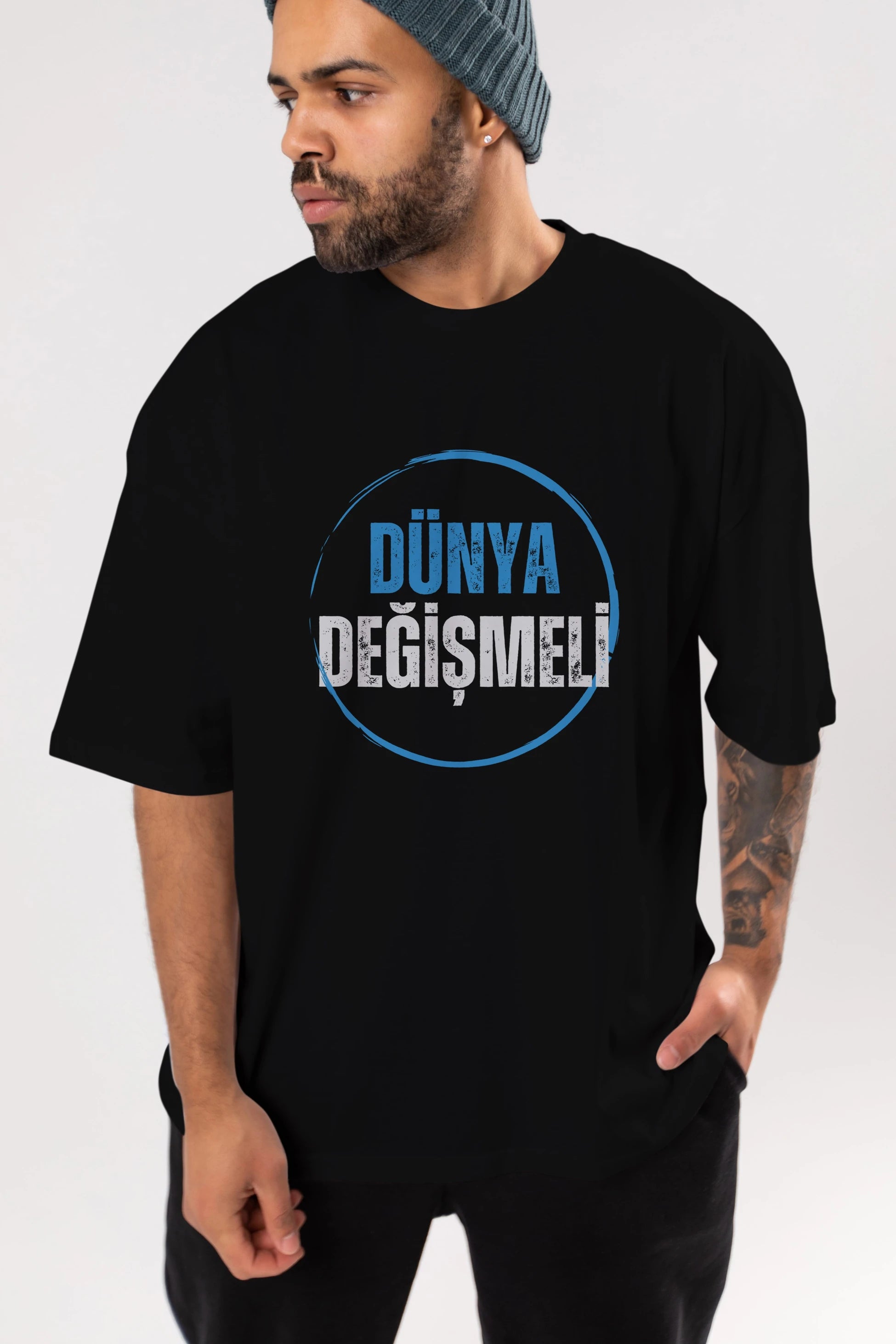 Dünya Değişmeli Yazılı Ön Baskılı Oversize t-shirt Erkek Kadın Unisex