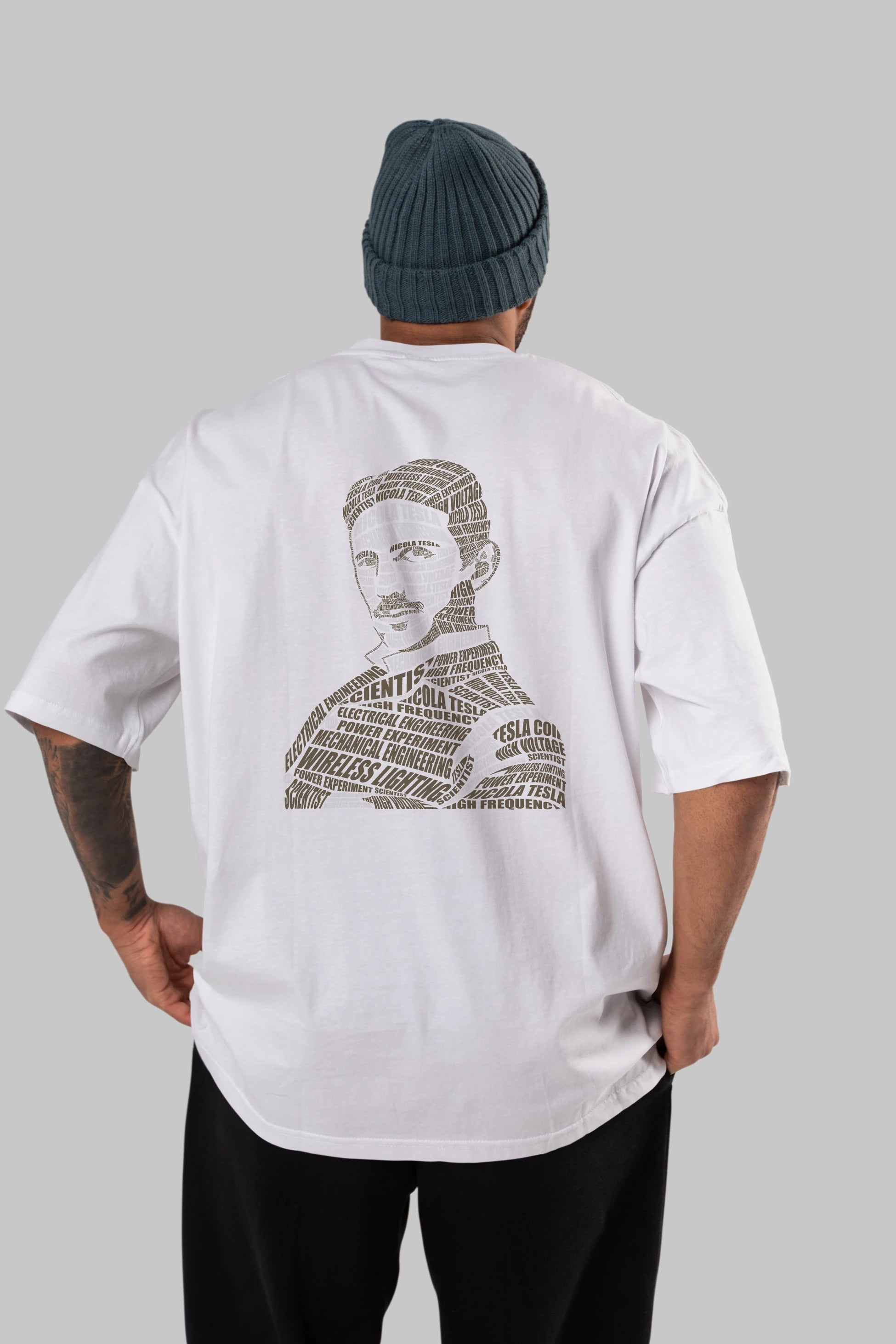 Nikola Tesla Calligram Arka Baskılı Oversize t-shirt %100 pamuk Erkek Kadın Unisex