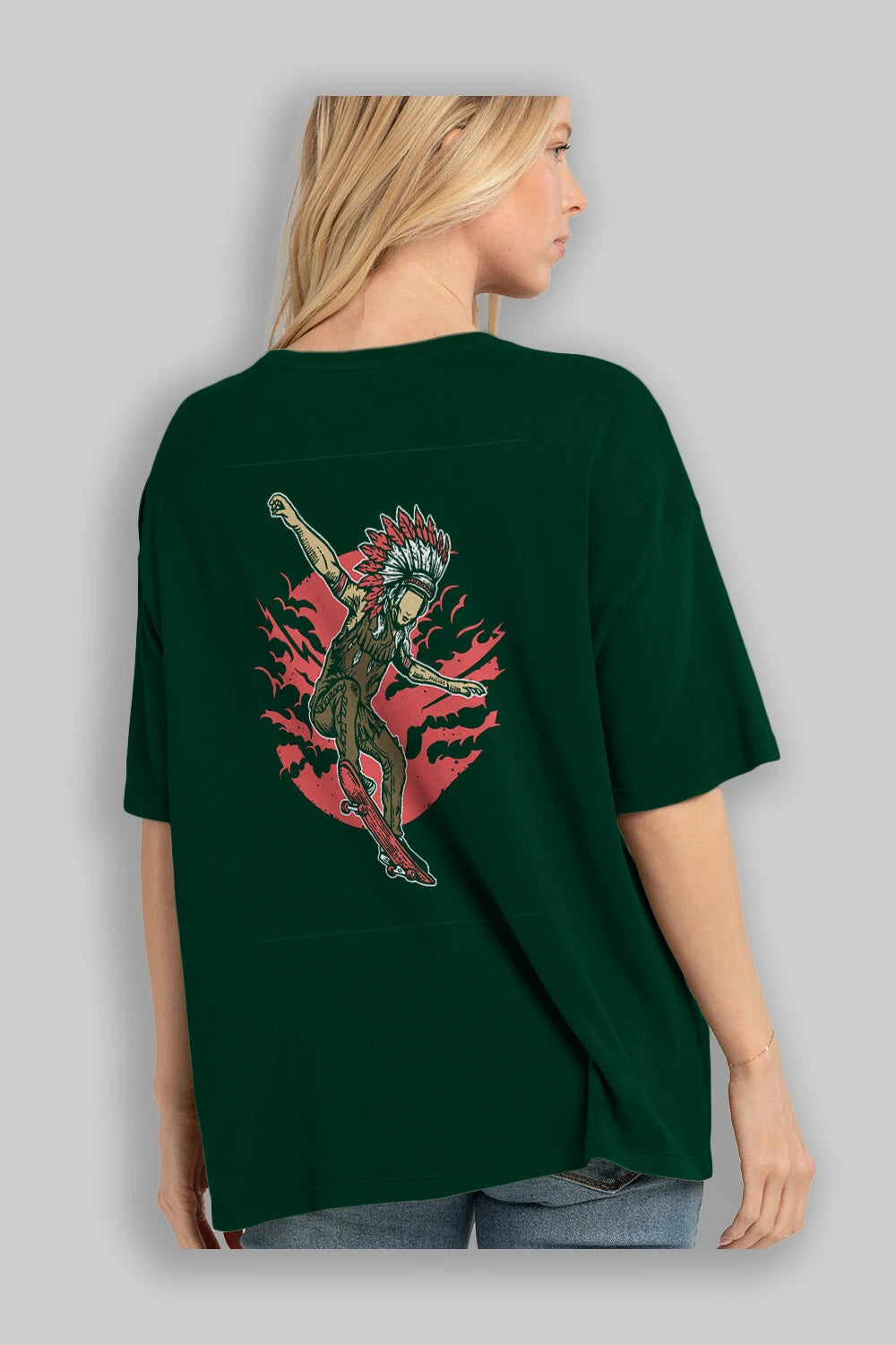 Indian Chief Skateboard Arka Baskılı Oversize t-shirt Erkek Kadın Unisex %100 Pamuk