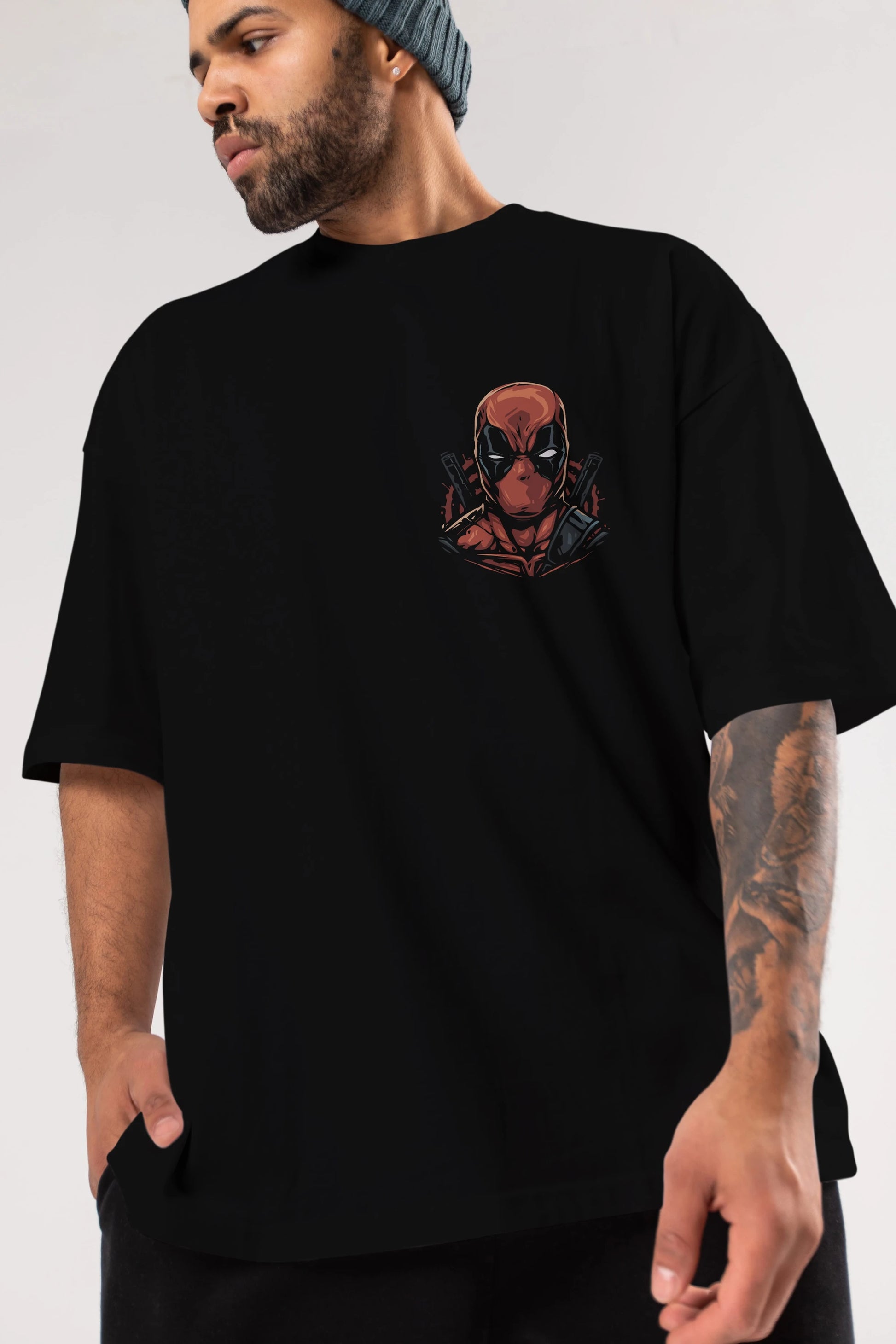 Deadpool (10) Ön Sol Baskılı Oversize t-shirt Erkek Kadın Unisex %100 Pamuk Bisiklet Yaka tişort