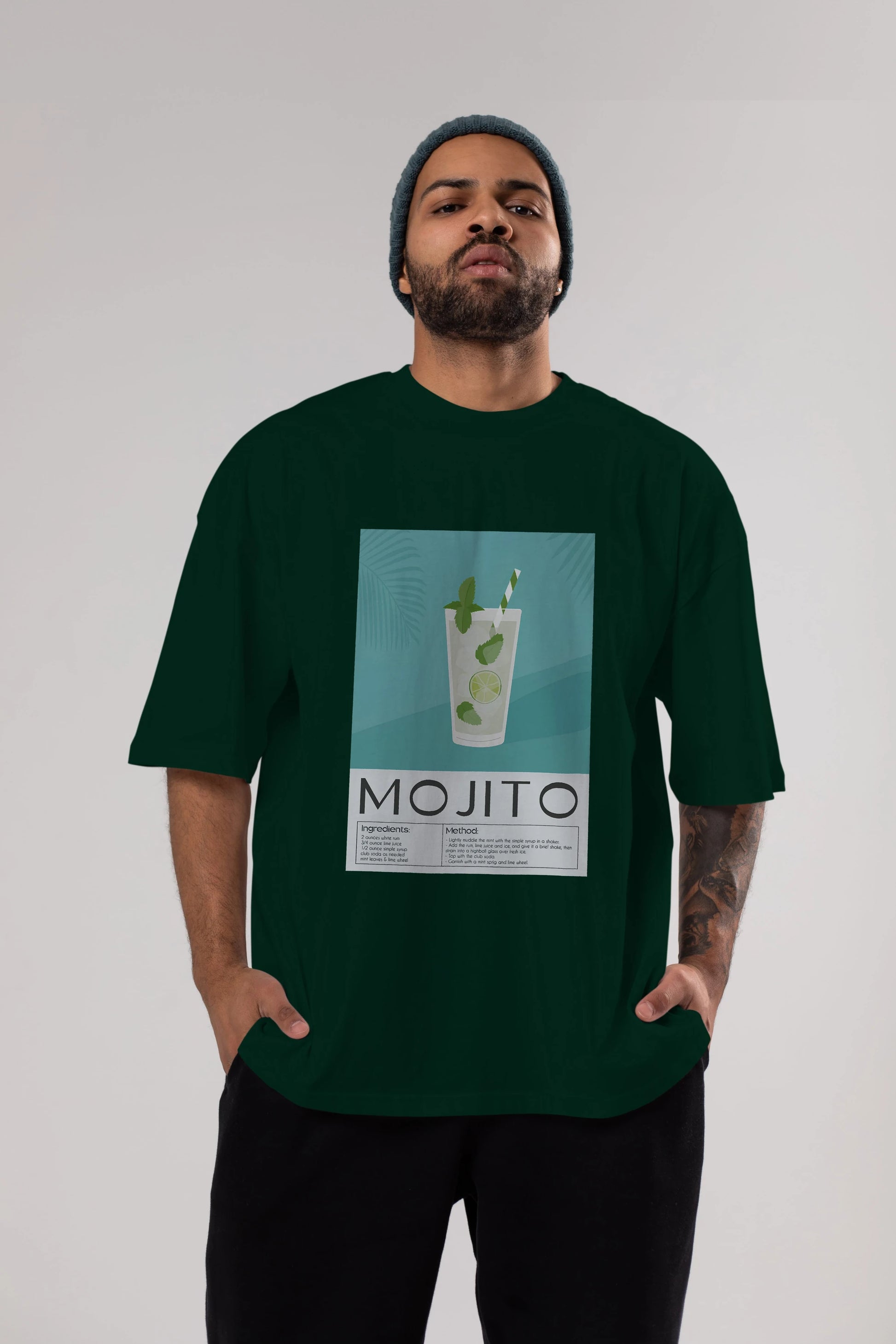 Mojito 4 Ön Baskılı Oversize t-shirt Erkek Kadın Unisex %100 Pamuk Bisiklet Yaka tişort