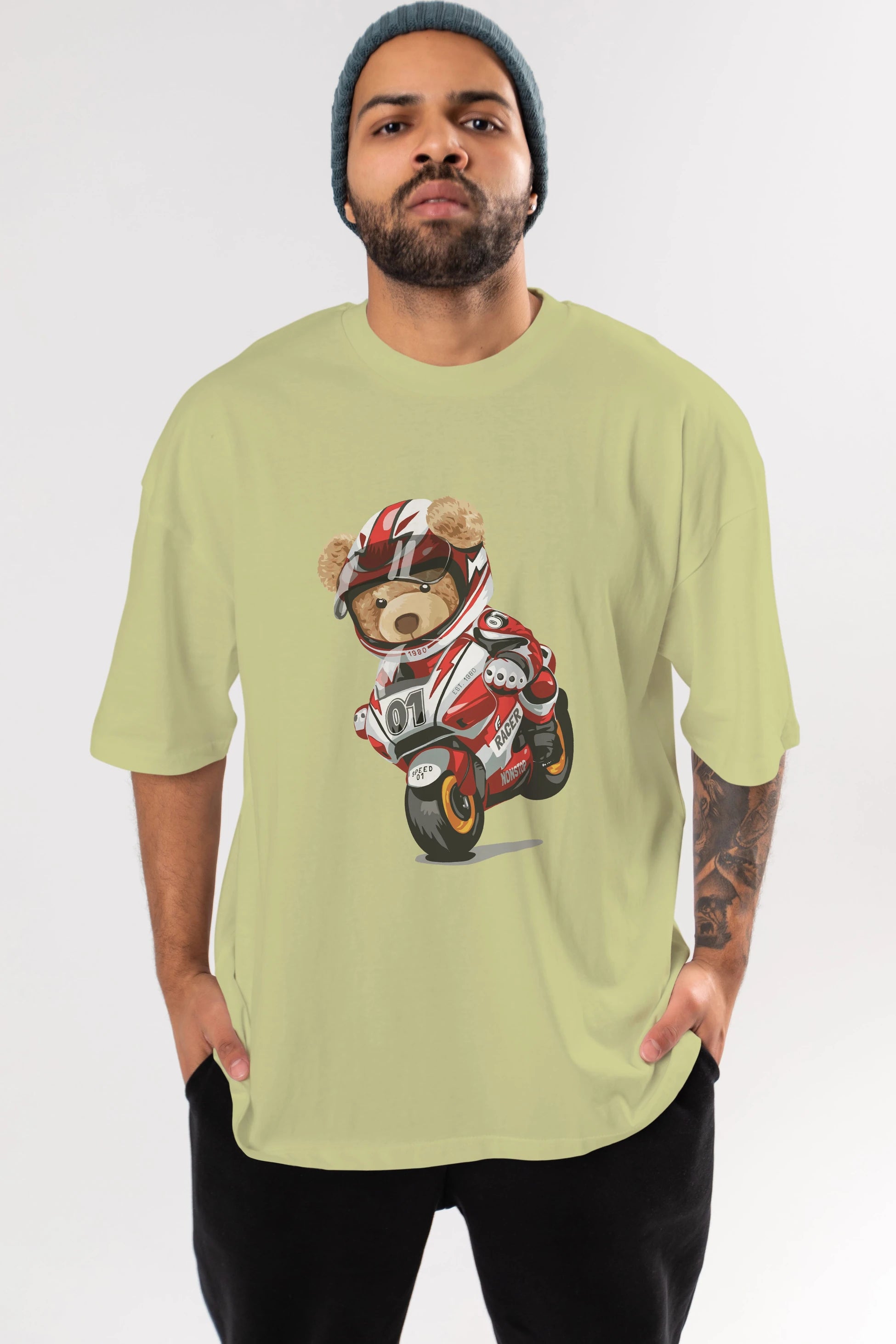 Teddy Bear Racer Ön Baskılı Oversize t-shirt Erkek Kadın Unisex %100 Pamuk