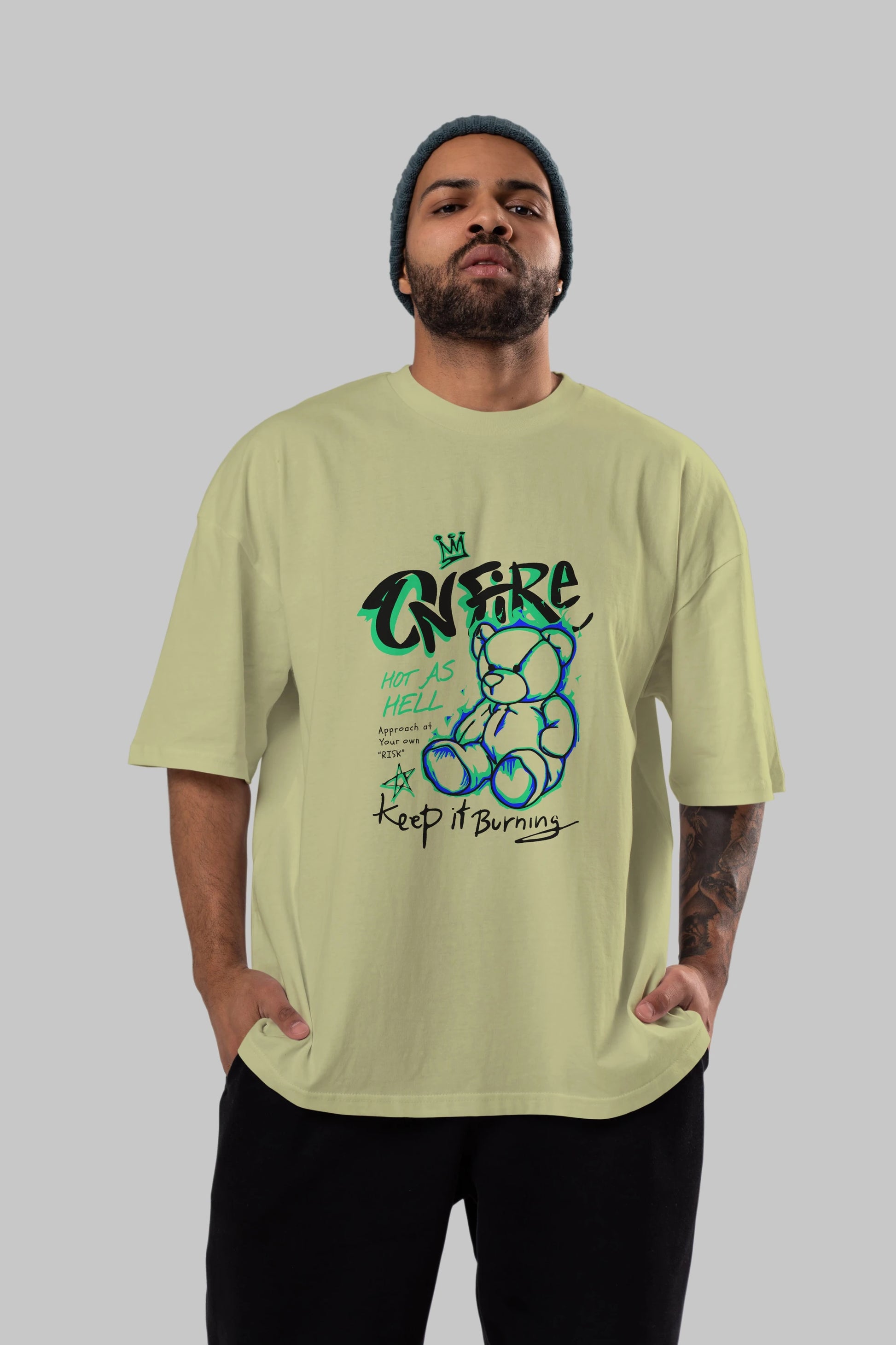 On Fire Bear Ön Baskılı Oversize t-shirt Erkek Kadın Unisex
