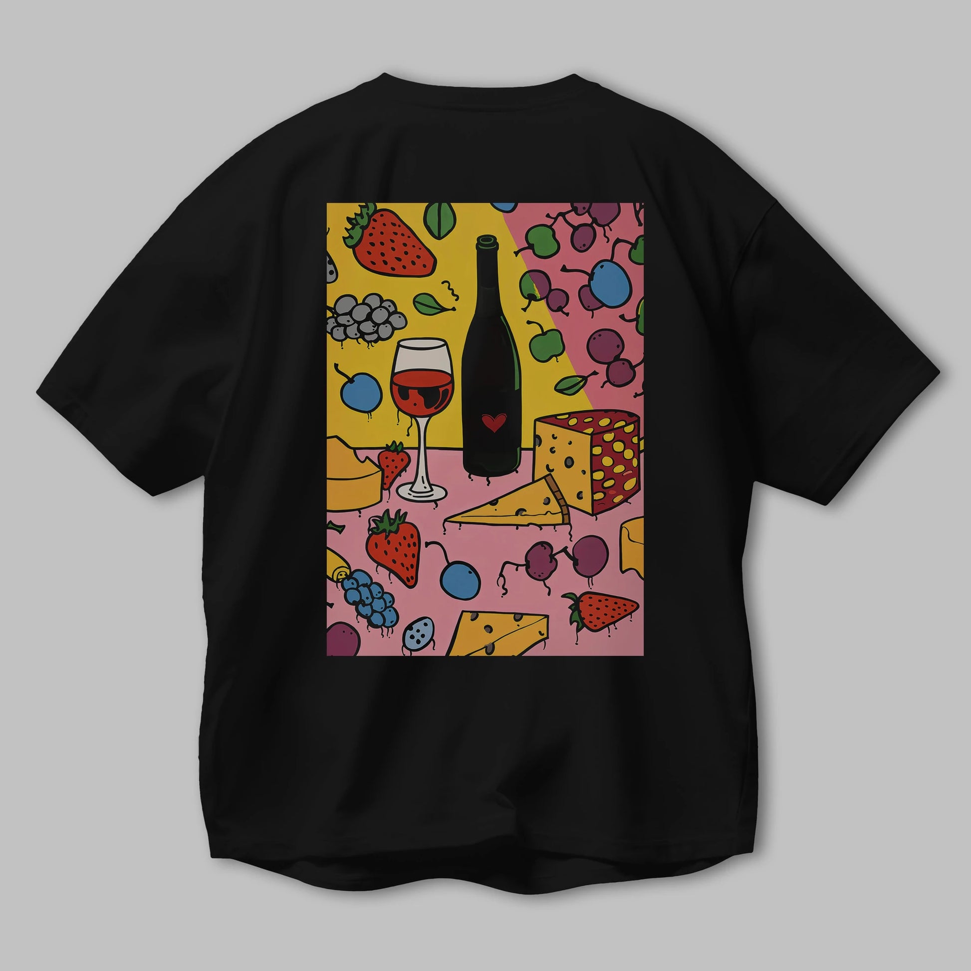 Wine Cheese Fruits Arka Baskılı Oversize t-shirt Erkek Kadın Unisex %100 Pamuk Bisiklet Yaka tişort
