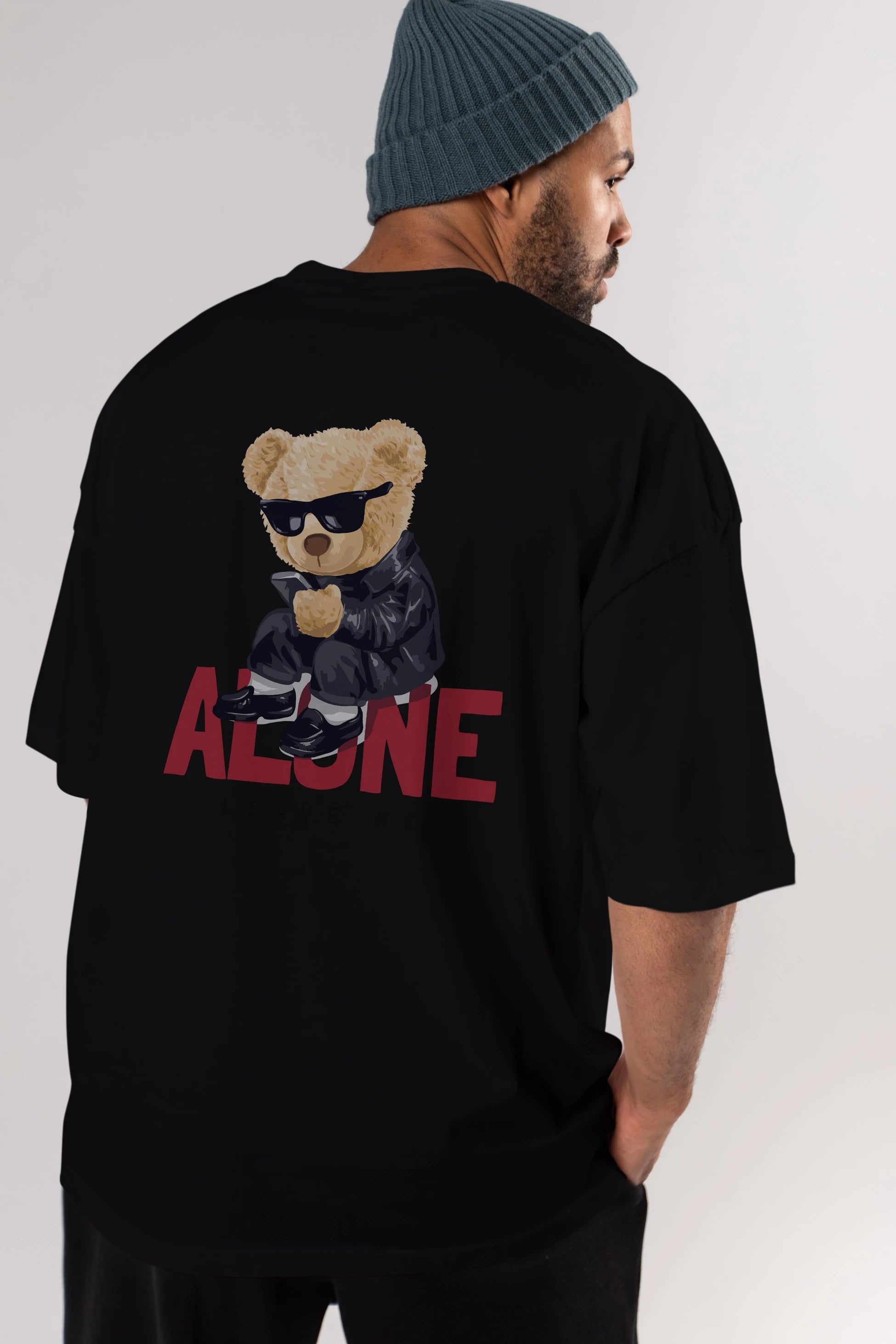 Teddy Bear Alone Arka Baskılı Oversize t-shirt Erkek Kadın Unisex %100 Pamuk