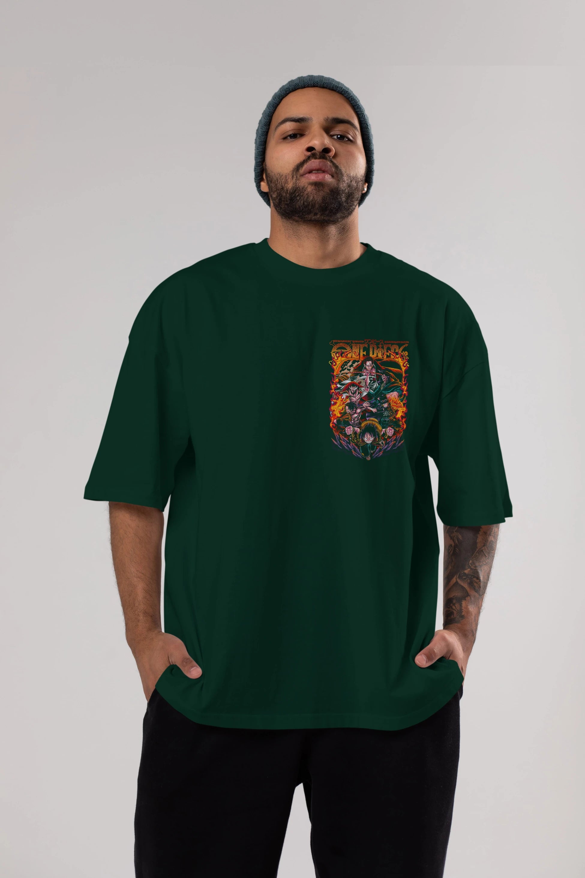 ONE PIECE (3) Ön Sol Baskılı Oversize t-shirt Erkek Kadın Unisex %100 Pamuk Bisiklet Yaka tişort