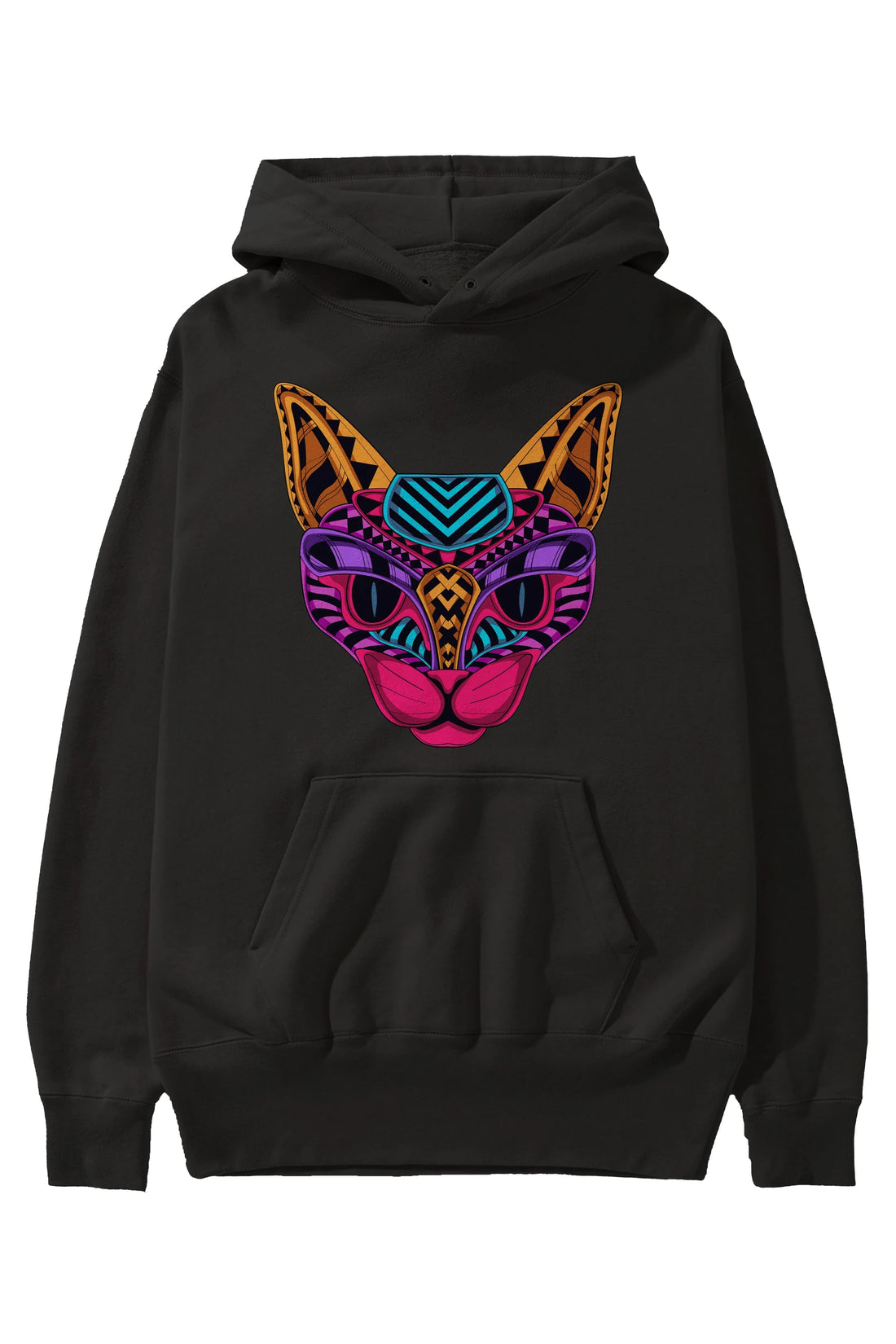 Black Neon Cat Ön Baskılı Oversize Hoodie Kapüşonlu Sweatshirt Erkek Kadın Unisex