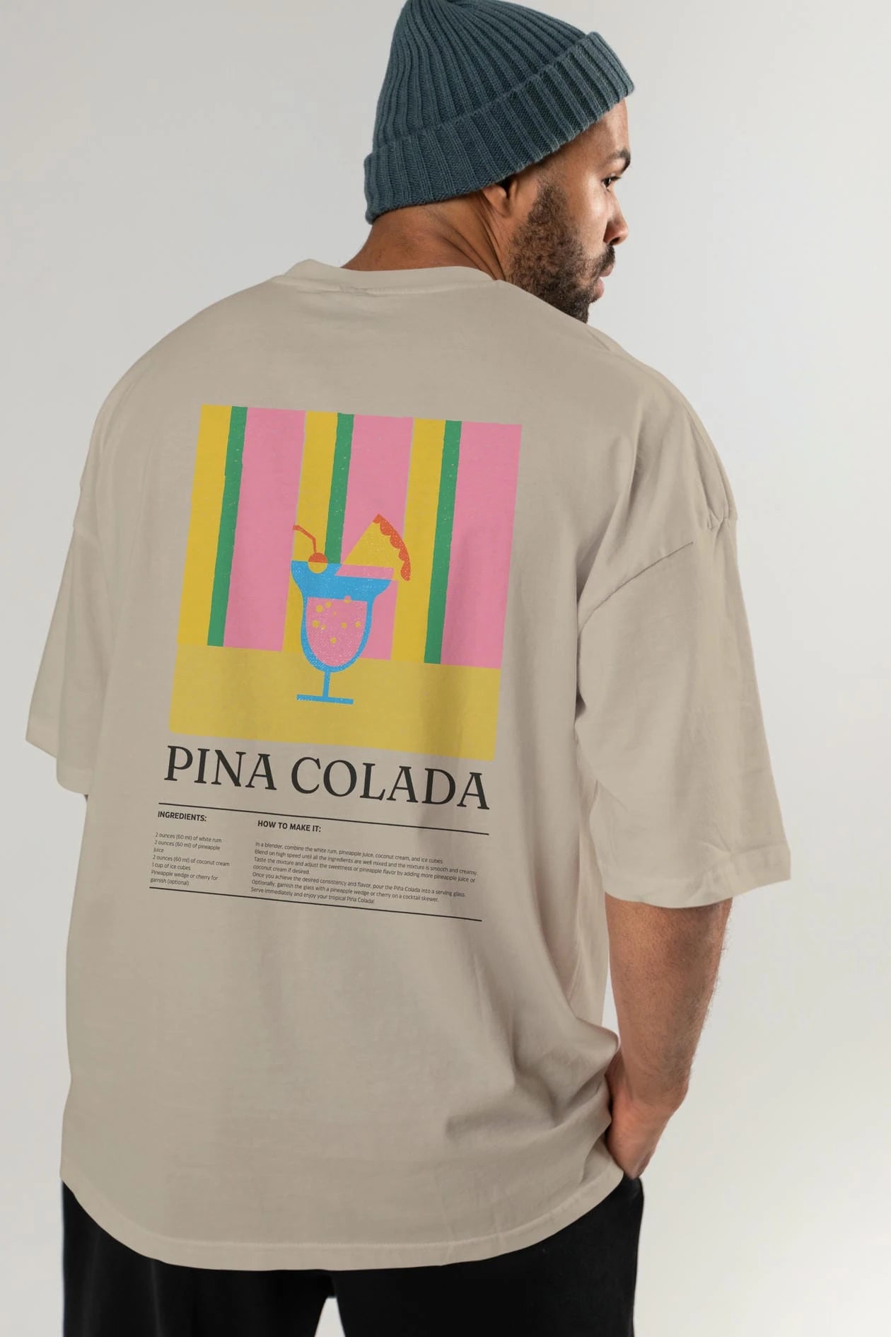 Pina Colada Kokteyl Serisi Arka Baskılı Oversize t-shirt Erkek Kadın %100 Pamuk Bisiklet Yaka tişort