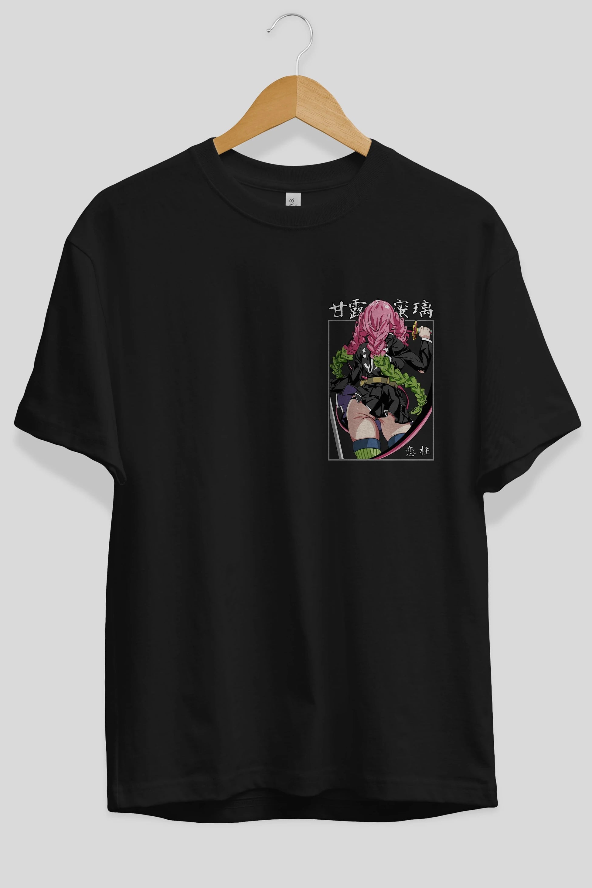 Mitsuri DEMONSLAYER Ön Sol Baskılı Oversize t-shirt Erkek Kadın Unisex %100 Pamuk Bisiklet Yaka tişort