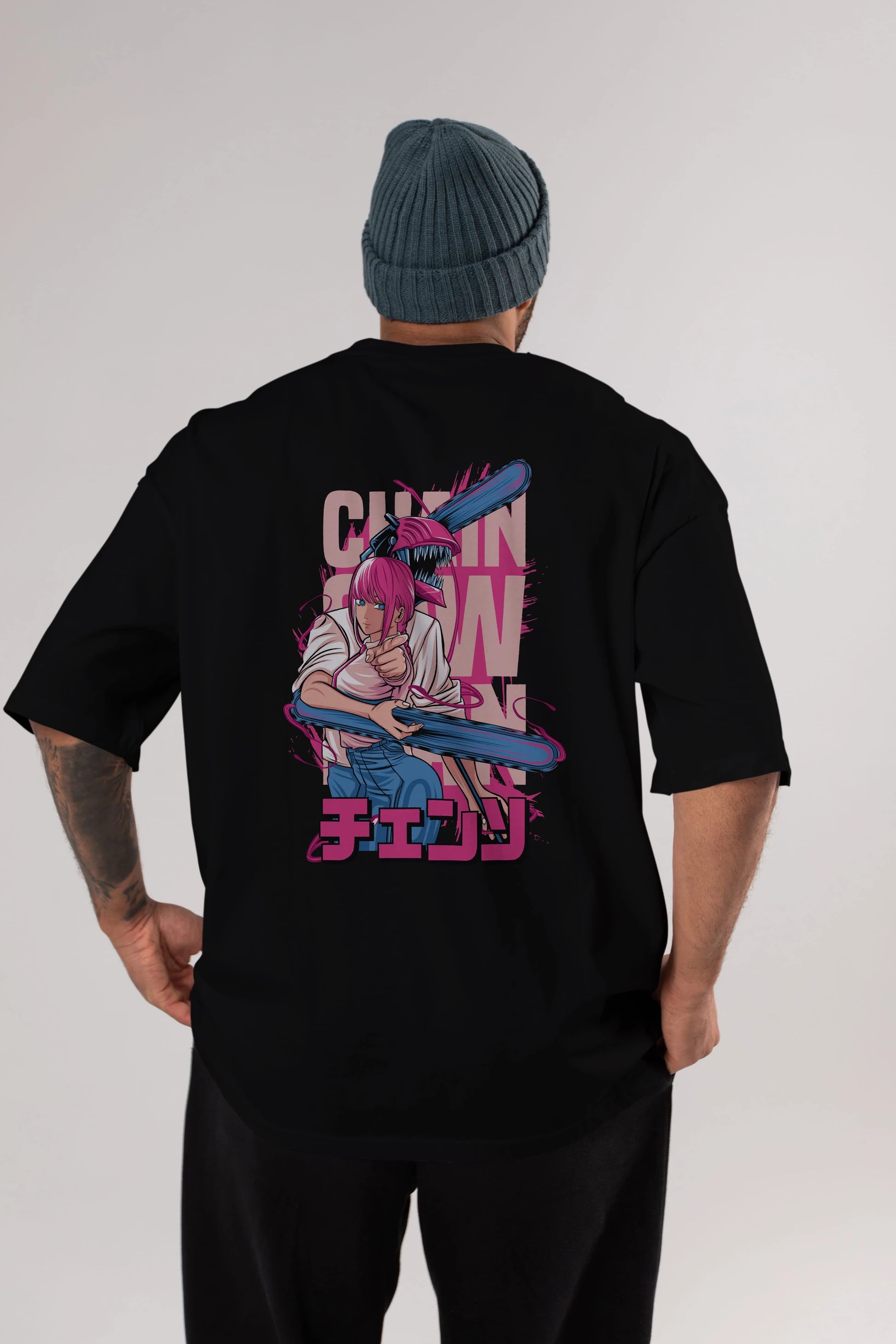 DENJI and MAKIMA Anime Arka Baskılı Oversize t-shirt Erkek Kadın Unisex