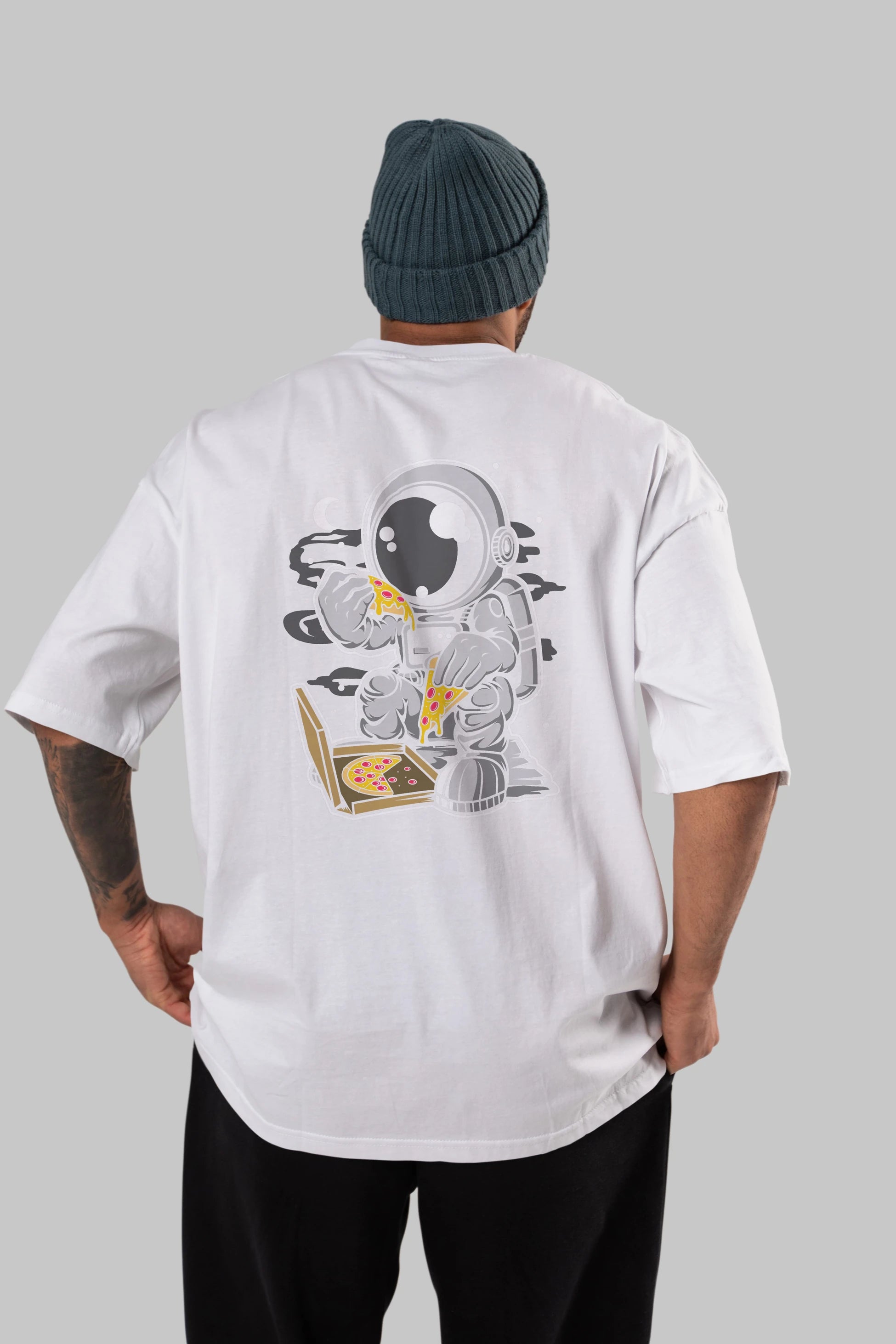 Astronaut Pizza Arka Baskılı Oversize t-shirt Erkek Kadın Unisex