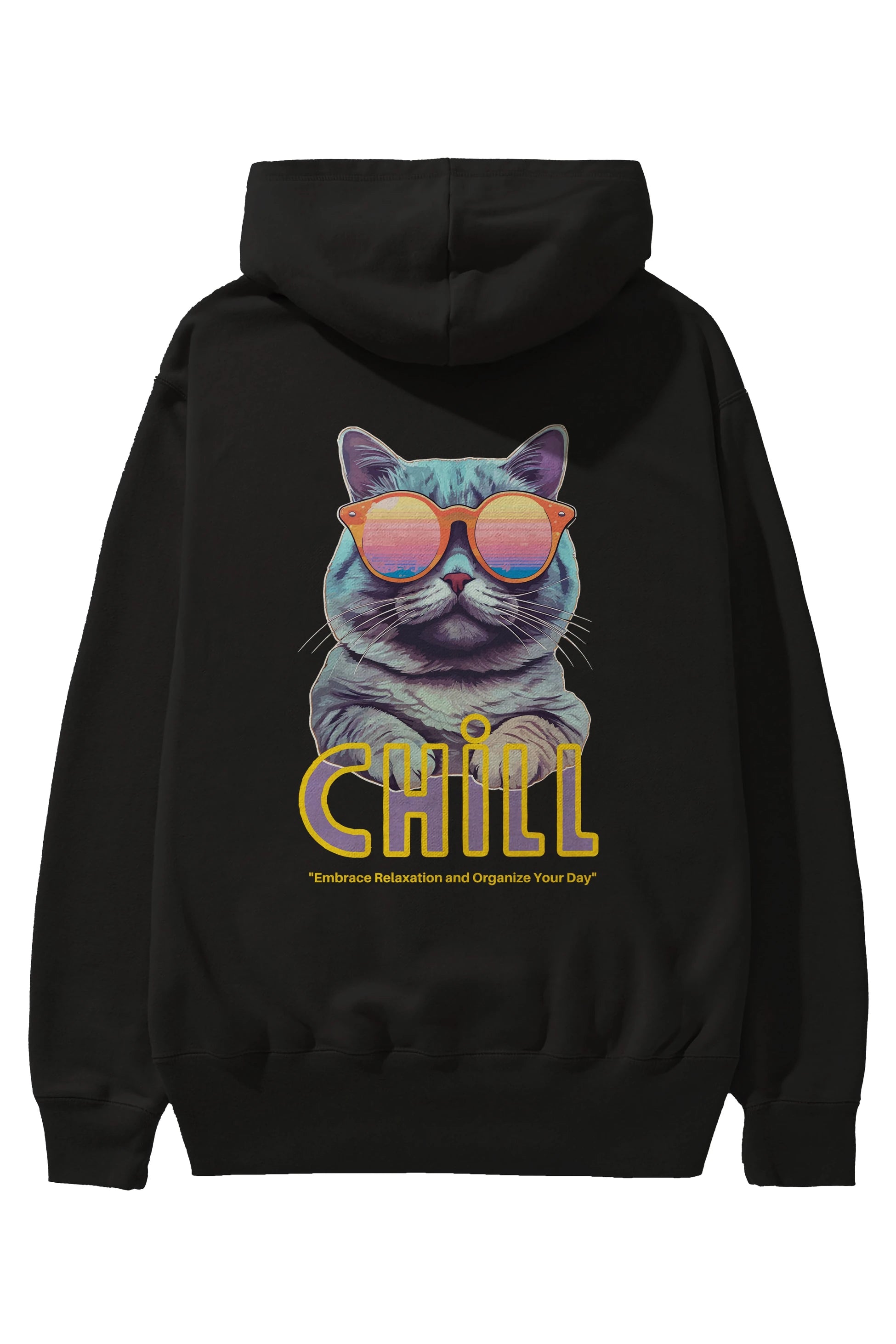 Chill Cat Arka Baskılı Oversize Hoodie Kapüşonlu Sweatshirt Erkek Kadın Unisex