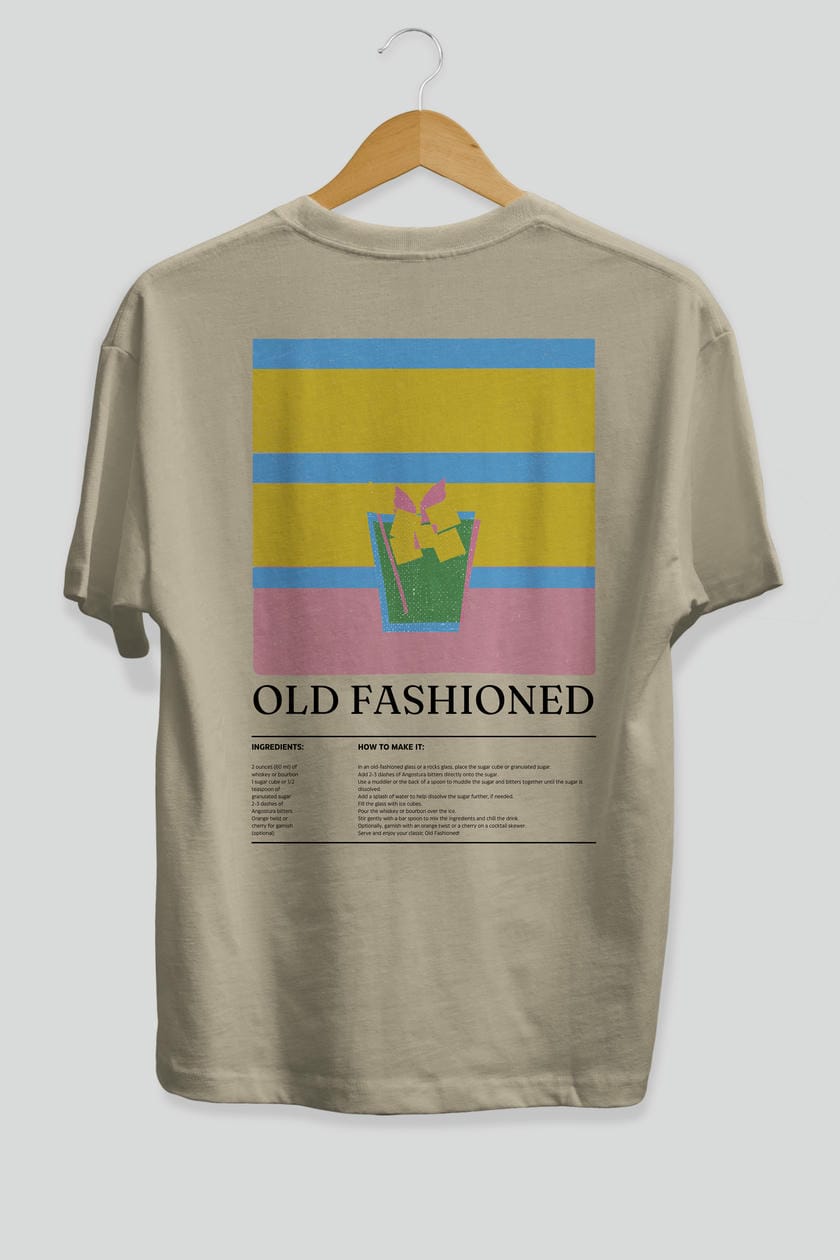 Old Fashioned Kokteyl Serisi Arka Baskılı Oversize t-shirt Erkek Kadın %100 Pamuk Bisiklet Yaka tişort