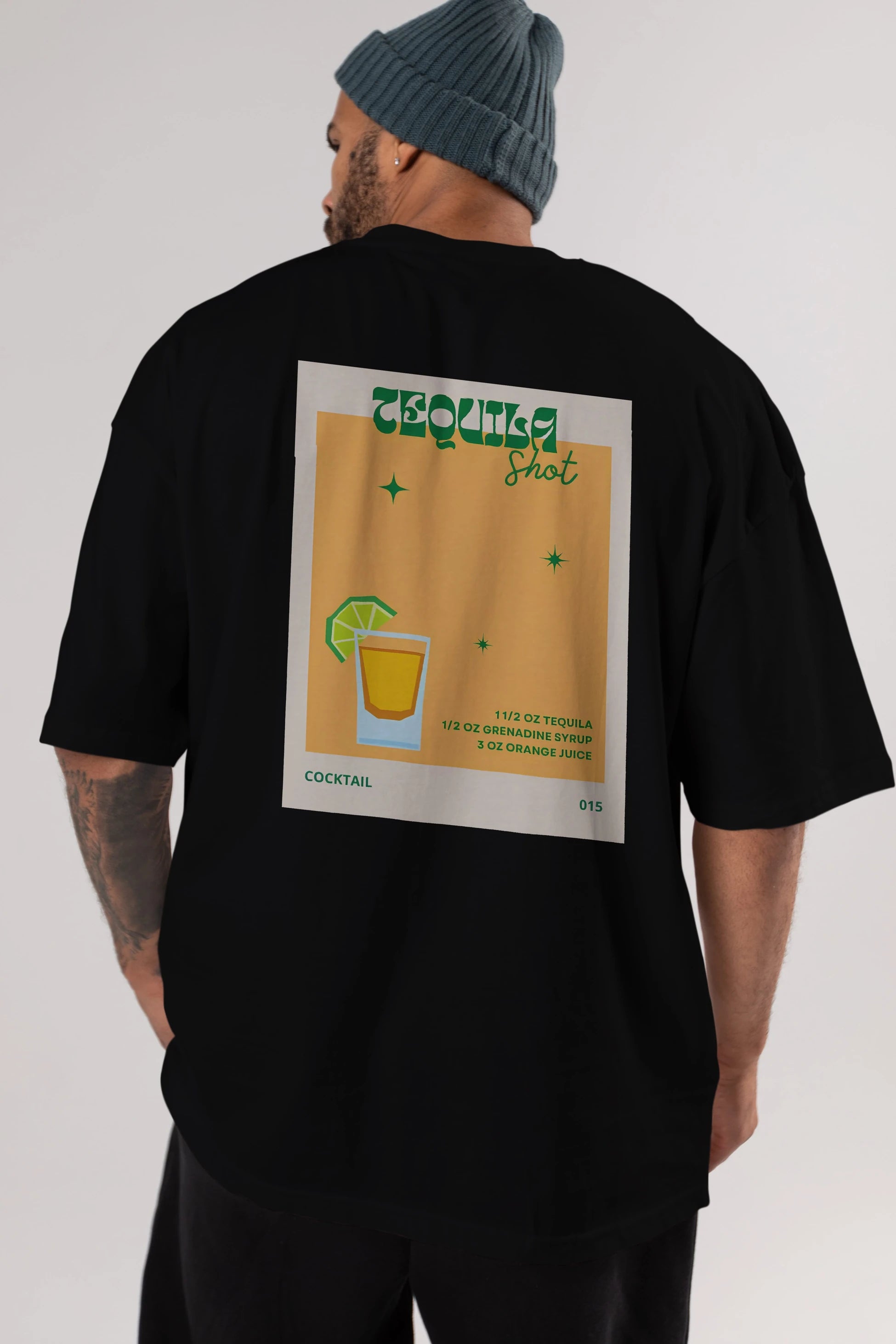 Tequila Shot 2 Arka Baskılı Oversize t-shirt Erkek Kadın Unisex %100 Pamuk Bisiklet Yaka tişort