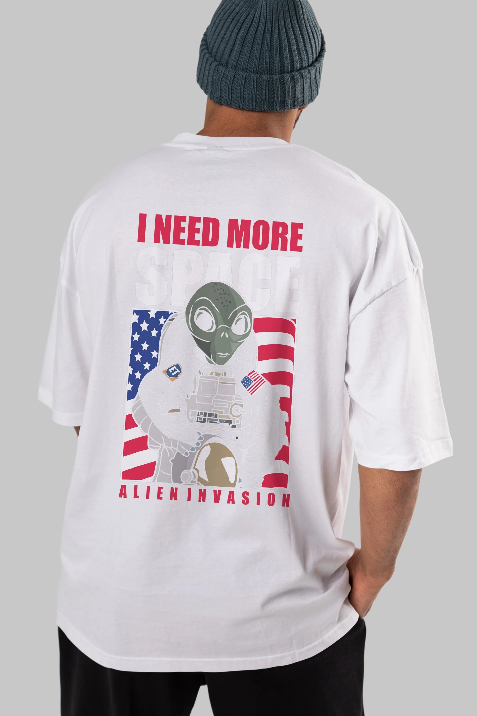 Alien Astronaut Arka Baskılı Oversize t-shirt Erkek Kadın Unisex %100 Pamuk tişort