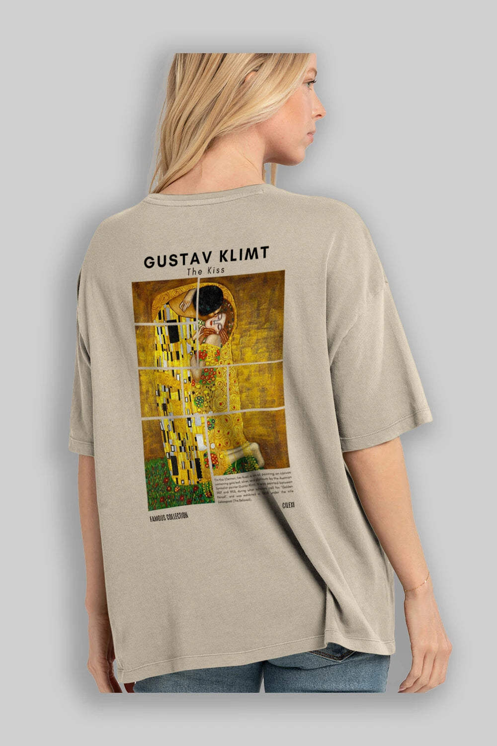 Gustav Klimt The Kiss Arka Baskılı Oversize t-shirt Erkek Kadın Bisiklet Yaka Pamuk tişort