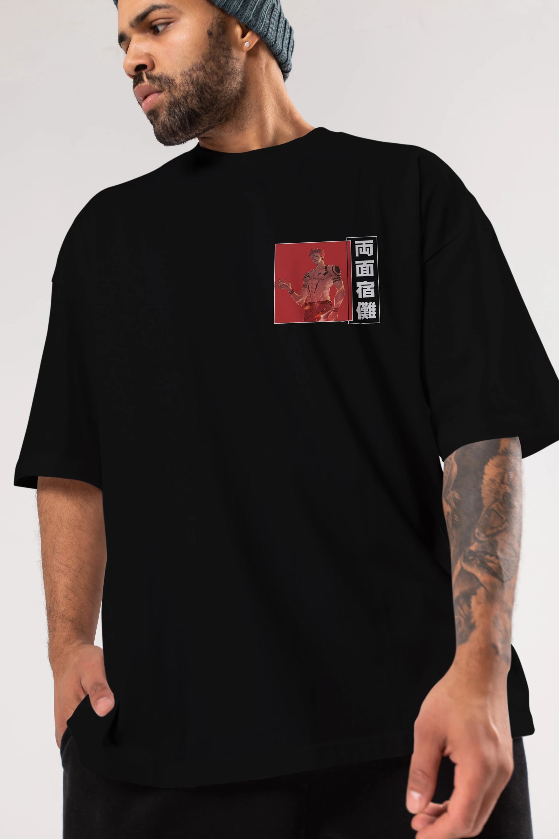 Sukuna Ryoumen 3 Ön Sol Baskılı Oversize t-shirt Erkek Kadın Unisex %100 Pamuk Bisiklet Yaka tişort