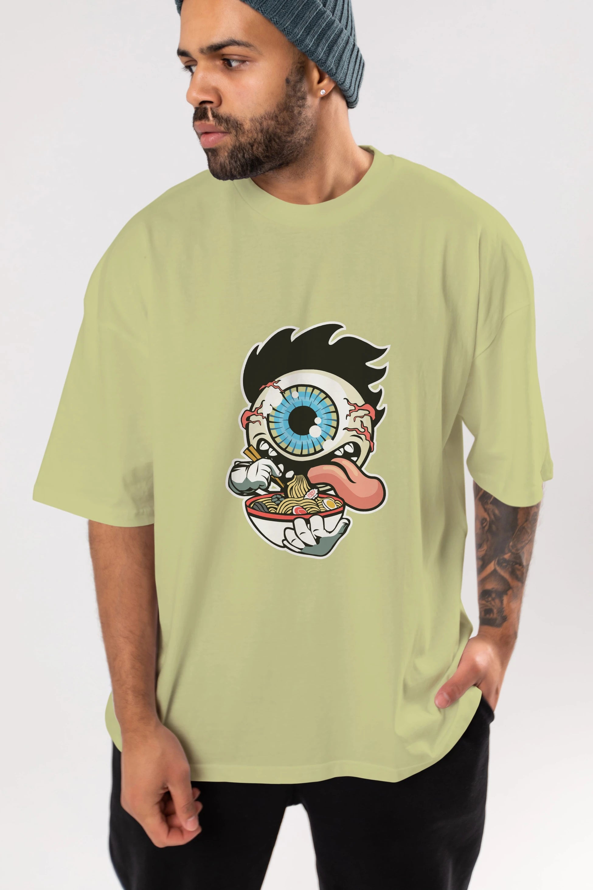 Eyeball Ramen Ön Baskılı Oversize t-shirt Erkek Kadın Unisex %100 Pamuk tişort