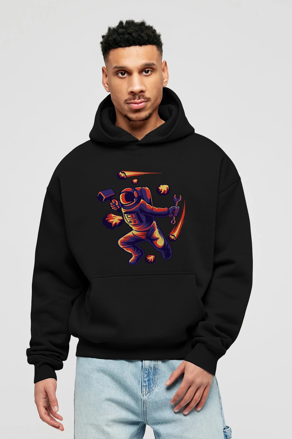 Astronaut Block Meteor Ön Baskılı Hoodie Oversize Kapüşonlu Sweatshirt Erkek Kadın Unisex