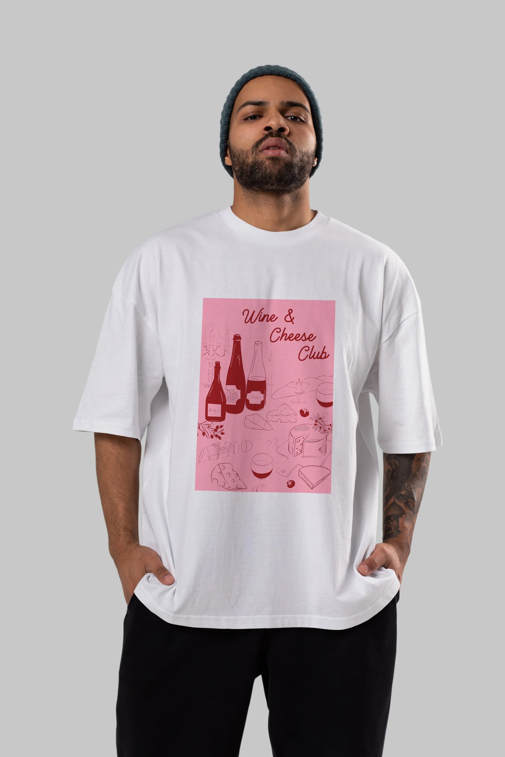 Wine Cheese Club Ön Baskılı Oversize t-shirt Erkek Kadın Unisex %100 Pamuk Bisiklet Yaka tişort