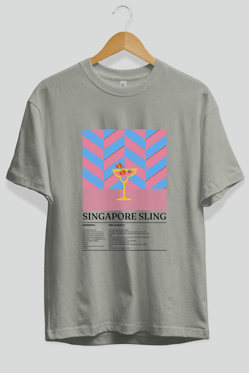 Sıngapore Sling Kokteyl Ön Baskılı Oversize t-shirt Erkek Kadın %100 Pamuk Bisiklet Yaka tişort
