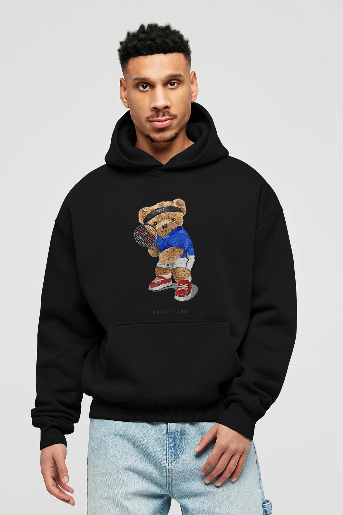 Teddy Bear Play Hard Ön Baskılı Hoodie Oversize Kapüşonlu Sweatshirt Erkek Kadın Unisex