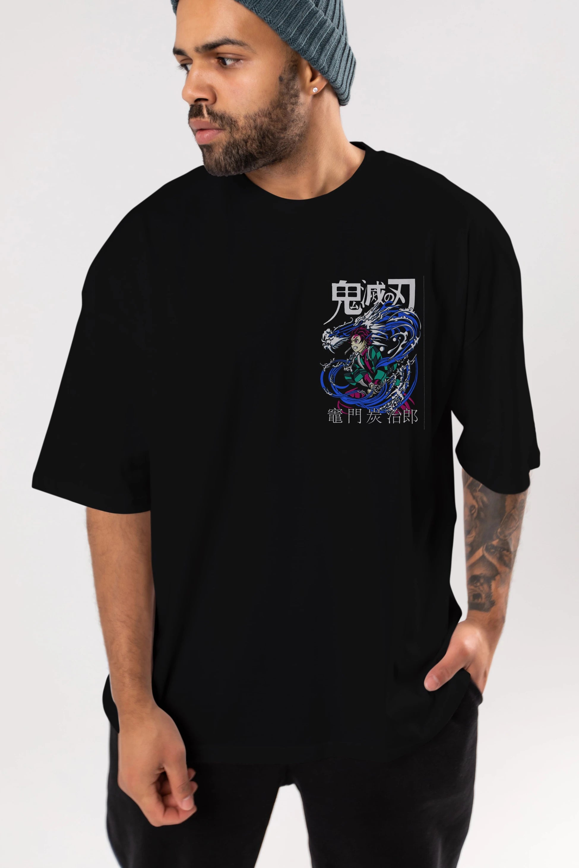 TANJIRO KAMADO 2 Ön Sol Baskılı Oversize t-shirt Erkek Kadın Unisex %100 Pamuk Bisiklet Yaka tişort
