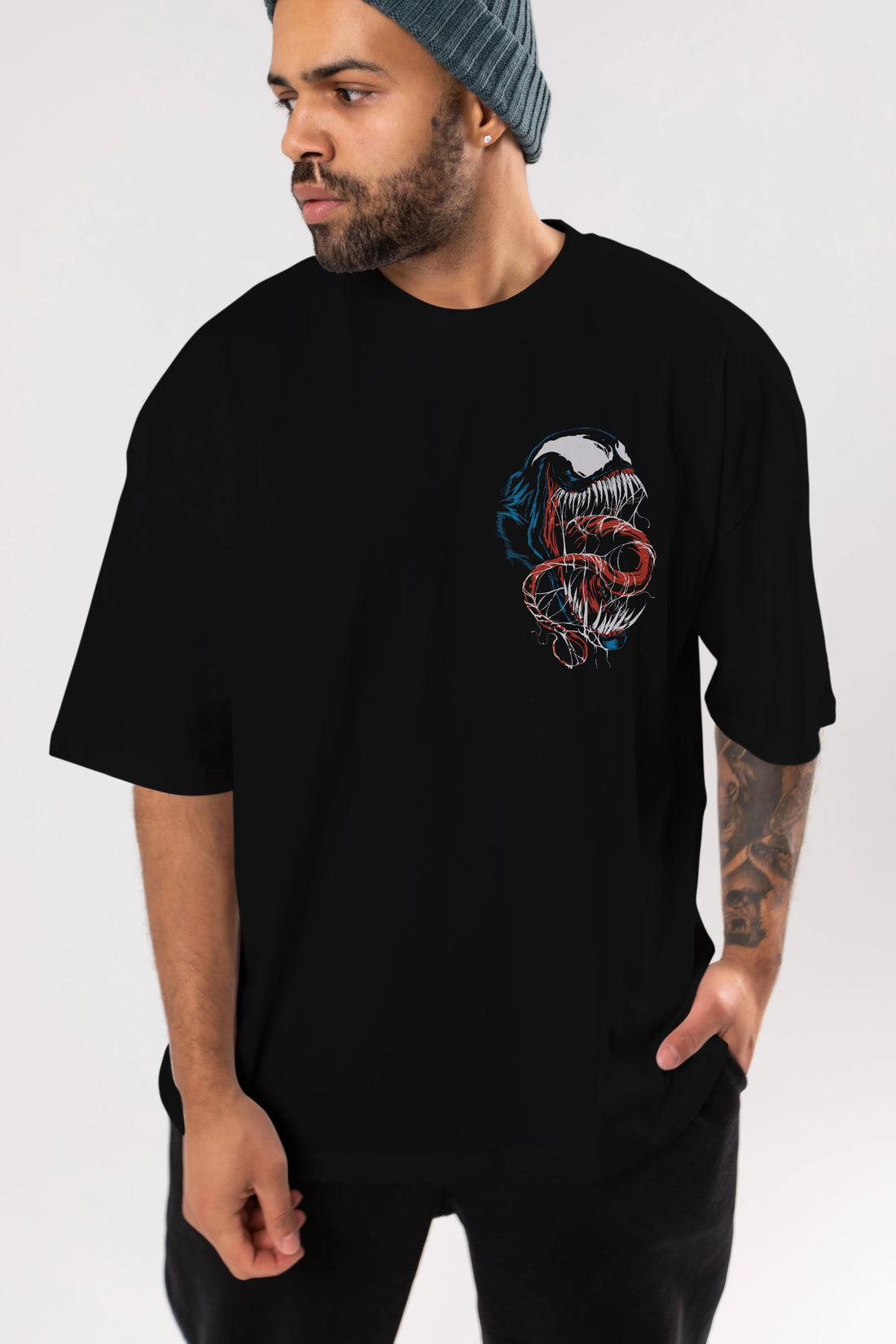 Venom (10) Ön Sol Baskılı Oversize t-shirt Erkek Kadın Unisex %100 Pamuk Bisiklet Yaka tişort