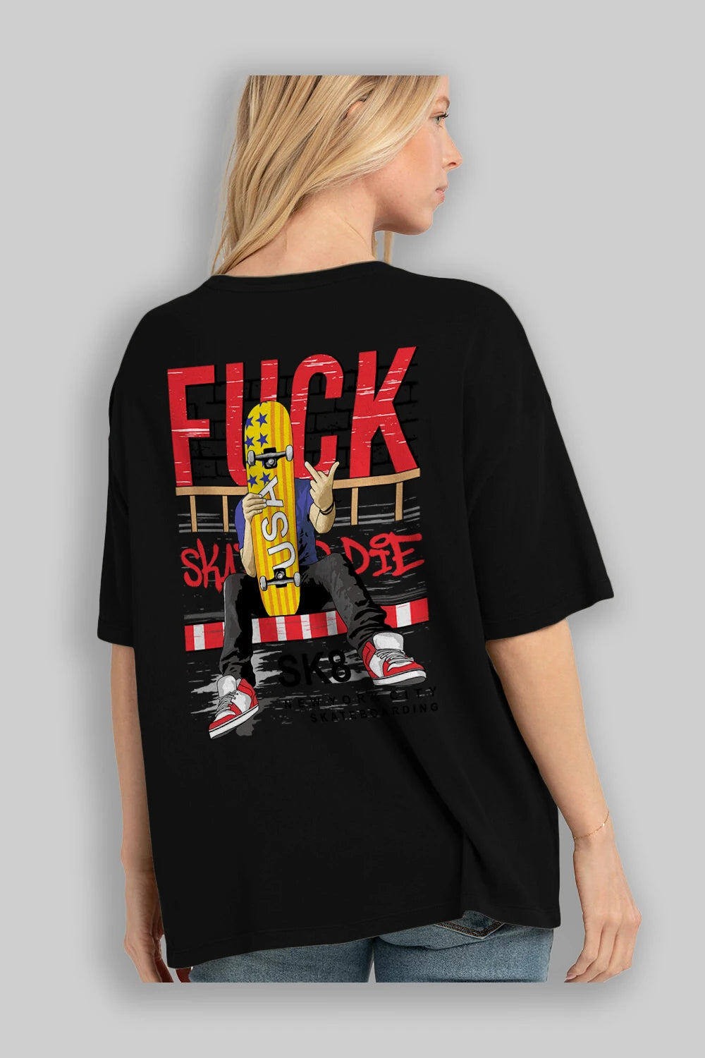 Skate or Die Arka Baskılı Oversize t-shirt Erkek Kadın Unisex