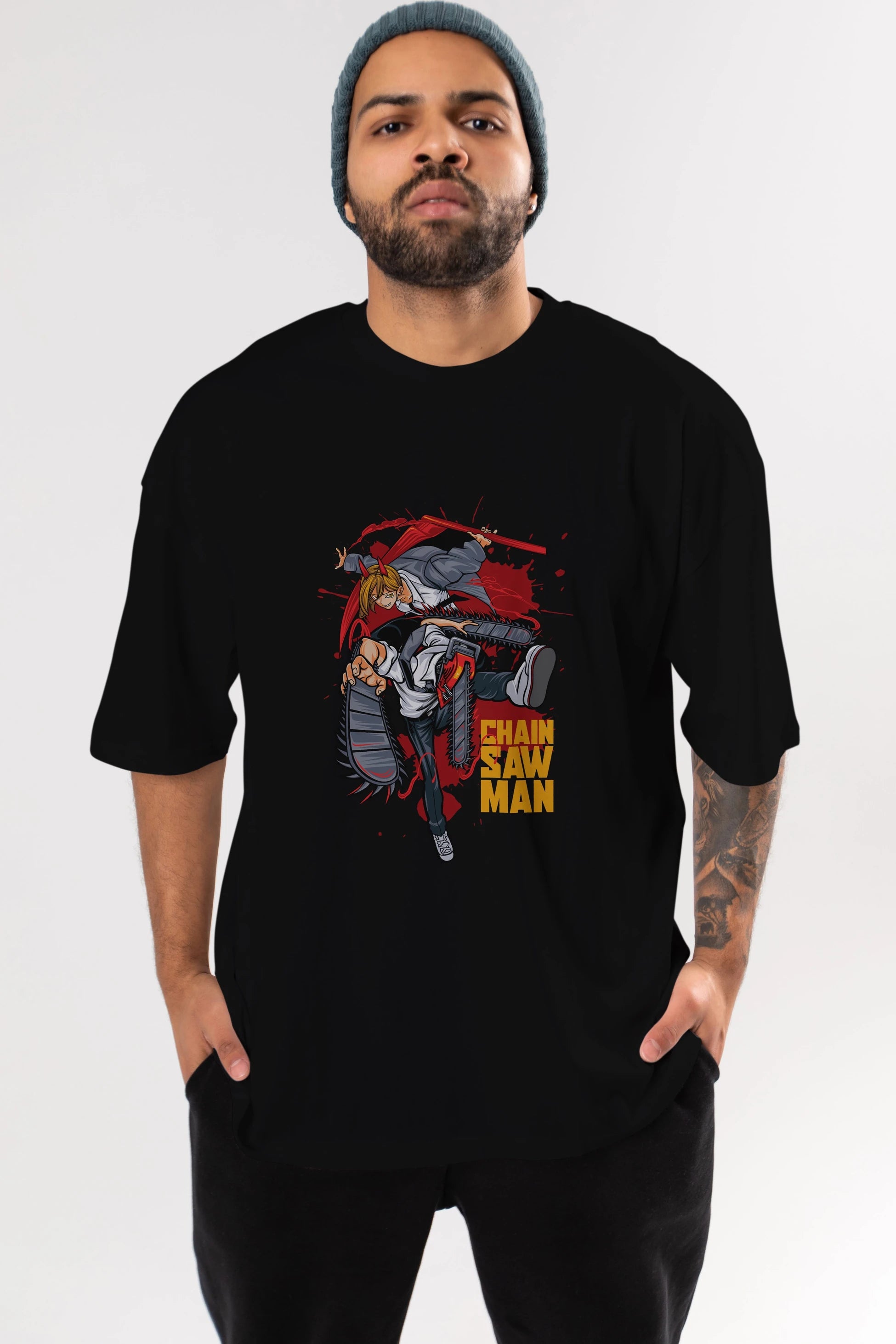 DENJI and POWER Anime Ön Baskılı Oversize t-shirt %100 pamuk Erkek Kadın Unisex