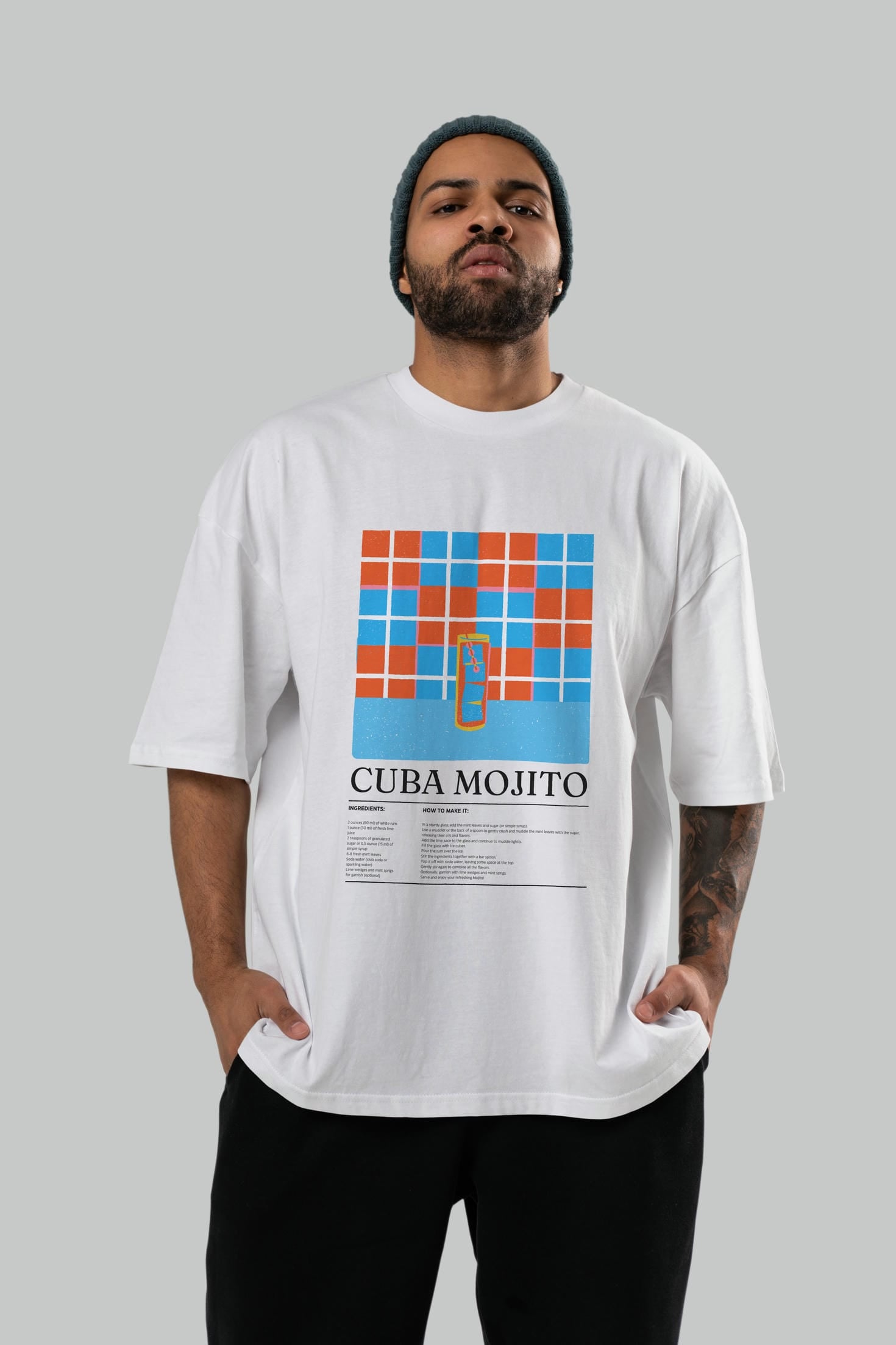 Cuba Mojito Kokteyl Ön Baskılı Oversize t-shirt Erkek Kadın %100 Pamuk Bisiklet Yaka tişort
