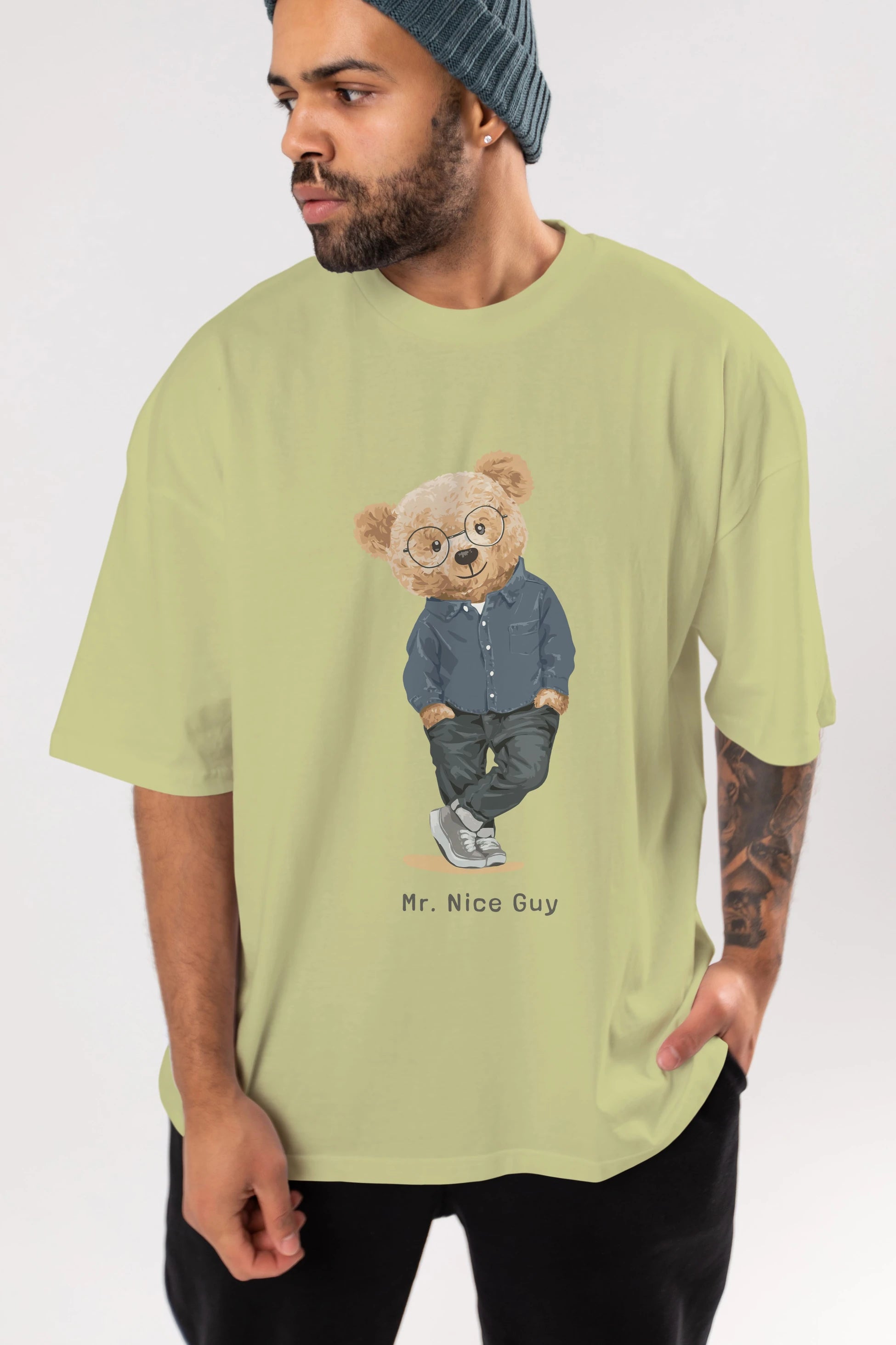 Teddy Bear Mr. Nice Guy Ön Baskılı Oversize t-shirt Erkek Kadın Unisex %100 Pamuk