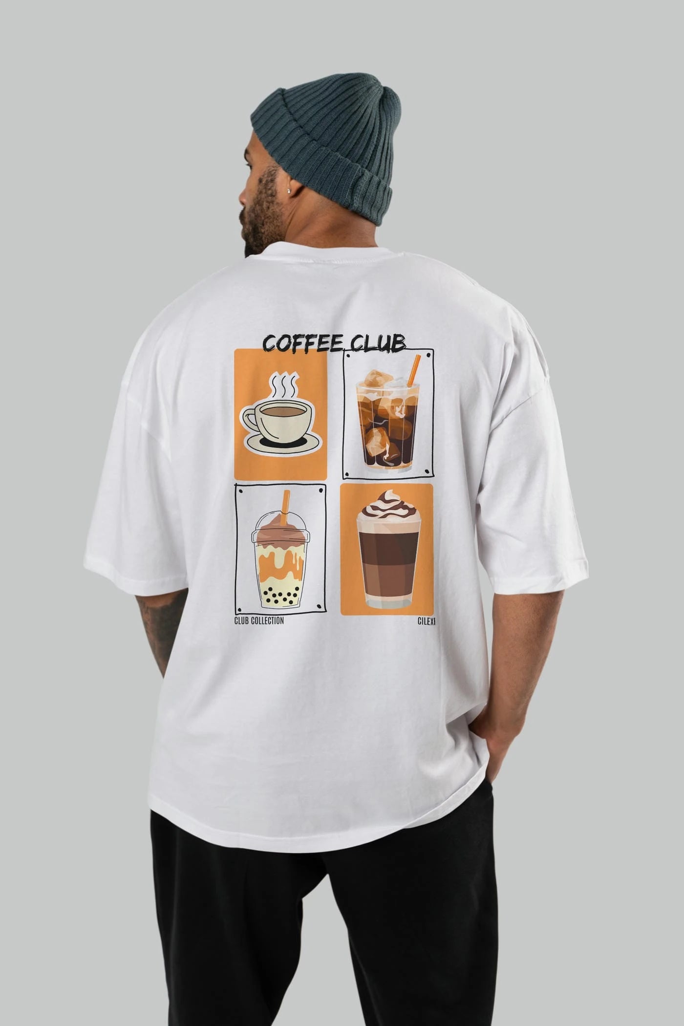 Coffee Club Arka Baskılı Oversize t-shirt Erkek Kadın %100 Pamuk Bisiklet Yaka tişort