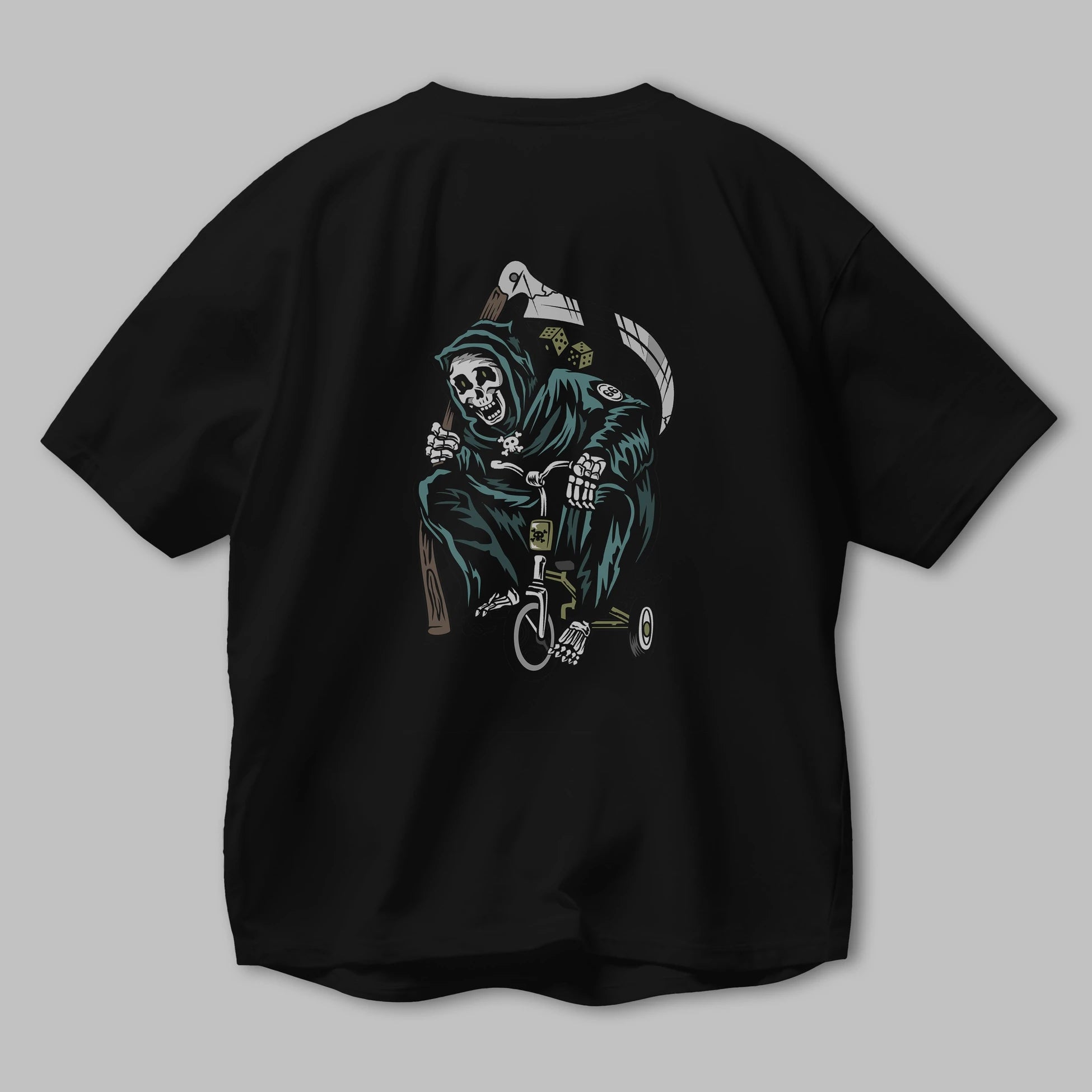 Grim Reaper Bicycle Arka Baskılı Oversize t-shirt Erkek Kadın Unisex %100 Pamuk tişort