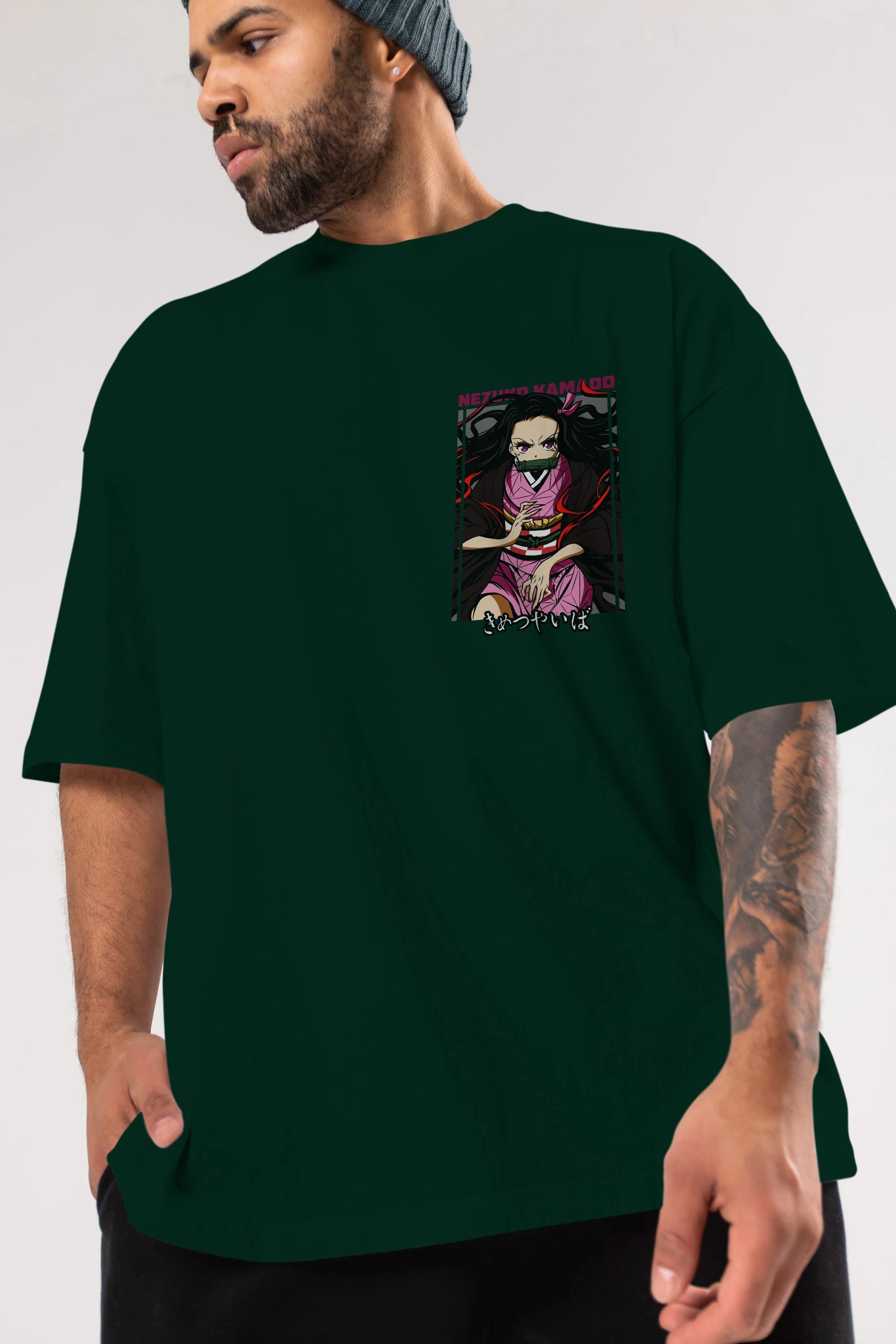 Nezuko Kamado 1 Ön Sol Baskılı Oversize t-shirt Erkek Kadın Unisex %100 Pamuk Bisiklet Yaka tişort
