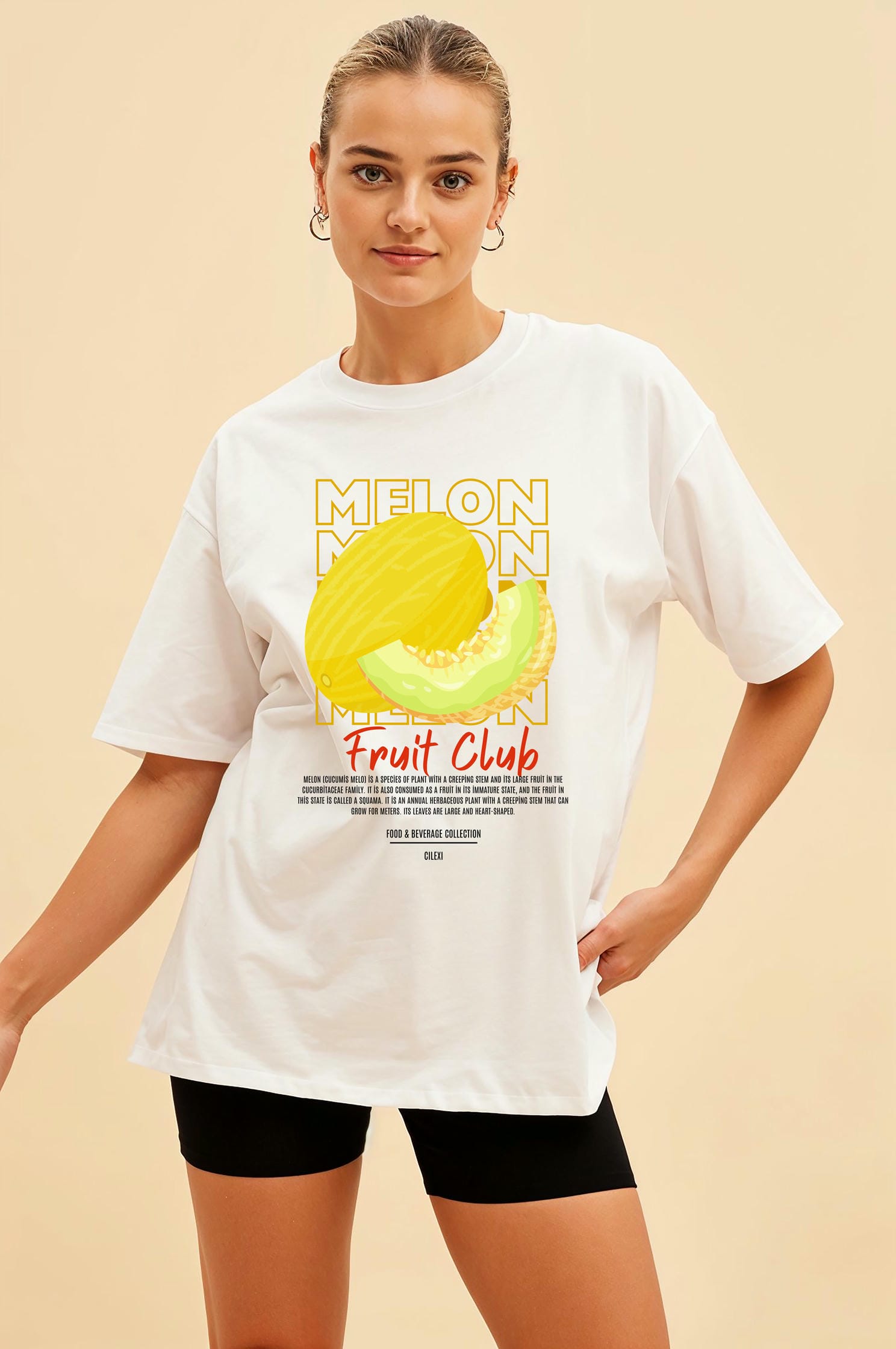 Melon Ön Baskılı Oversize t-shirt Erkek Kadın Pamuk Bisiklet Yaka tişort