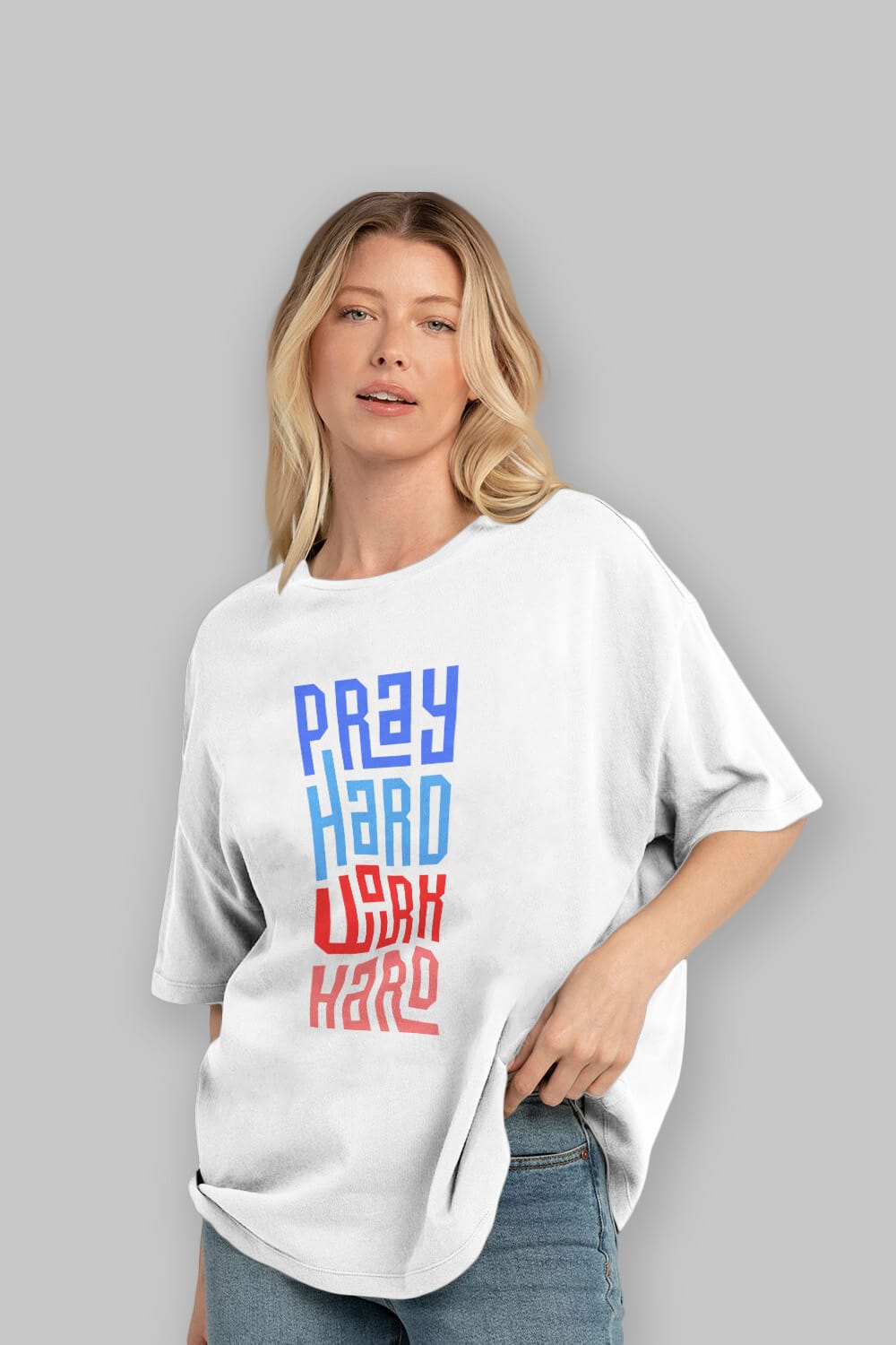 Pray Hard Work Hard Yazılı Ön Baskılı Oversize t-shirt Erkek Kadın Unisex
